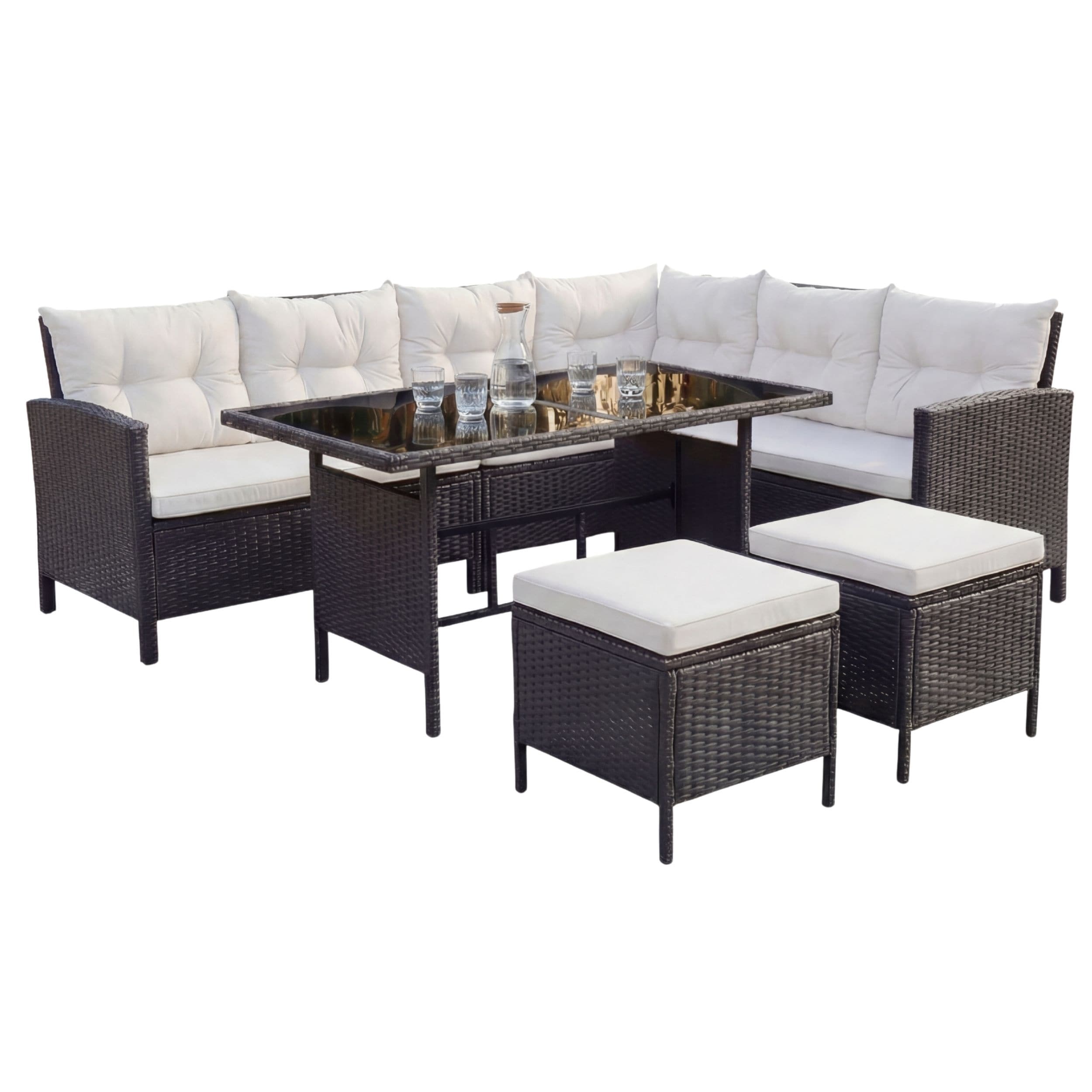 Inspinovia Polyrattan Gartenm&ouml;bel Lounge TERA Schwarz/Grau - Sofa, Tisch, Hocker & Kissen - 7 Personen 