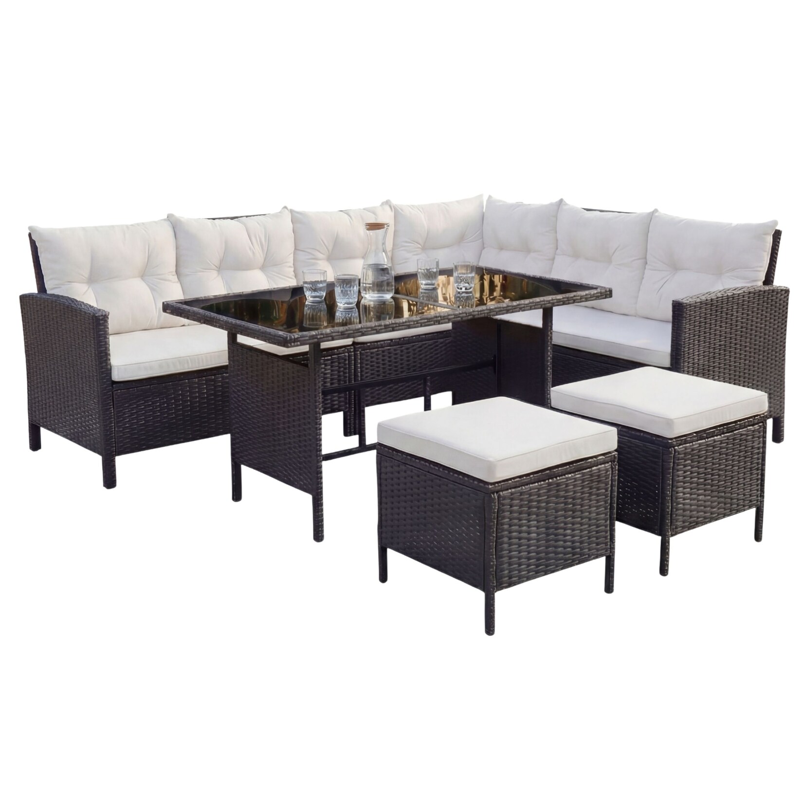 Polyrattan Gartenmöbel Lounge TERA Schwarz/Grau - Sofa, Tisch, Hocker & Kissen - 7 Personen