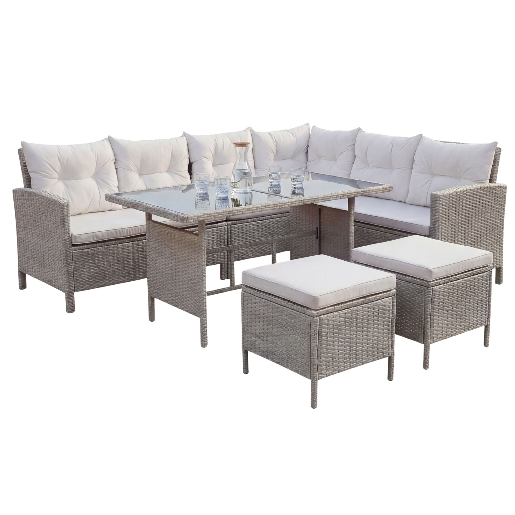 Polyrattan Gartenmöbel Lounge TERA Grau/Grau - Sofa, Tisch, Hocker & Kissen - 7 Personen