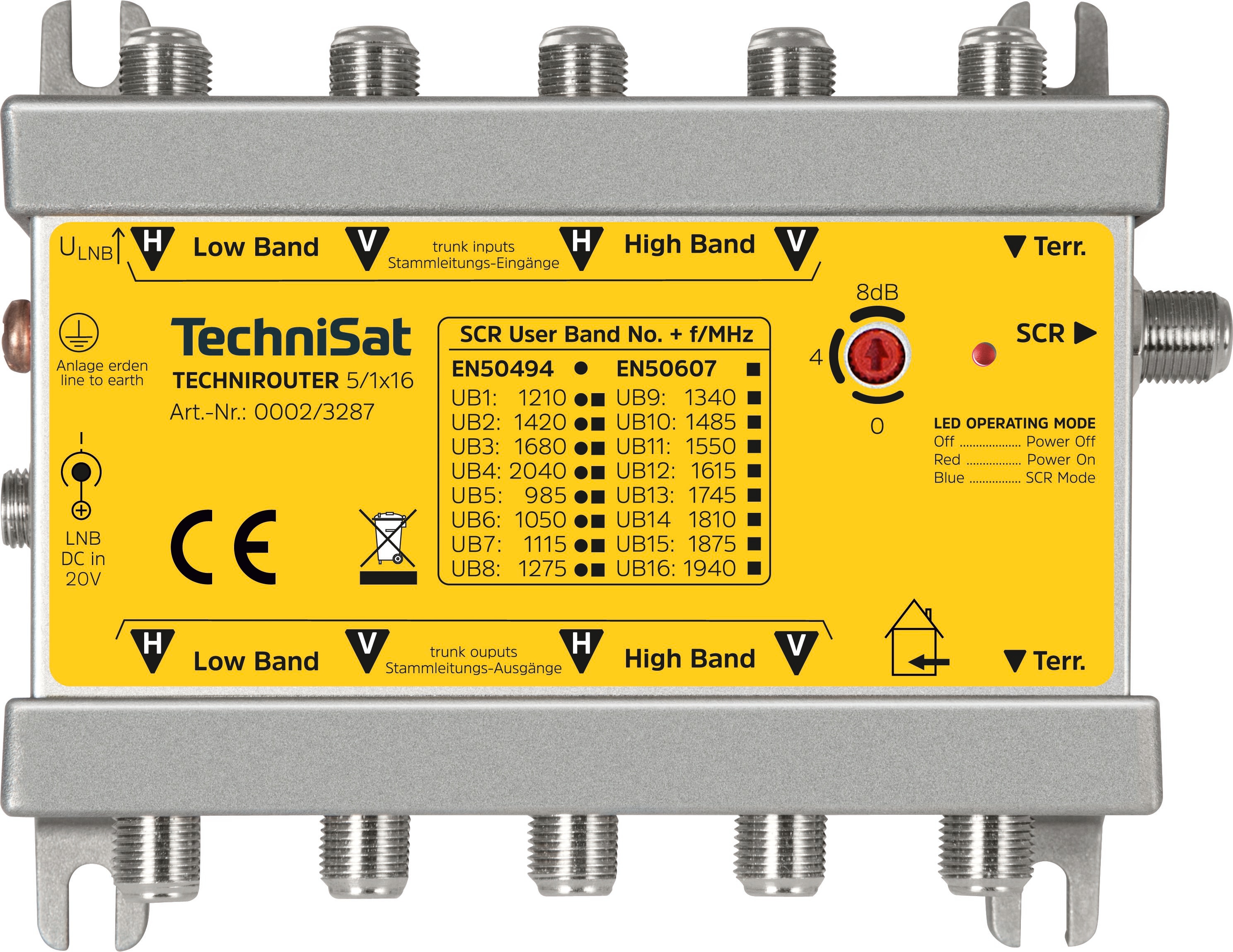 TechniSat TECHNIROUTER 5/1x16 Verteilung von einem Satellit (4 SatBl&ouml;cke) auf einen Kabelstrang f&uuml;r 16 Teilnehmer, silber-gelb 