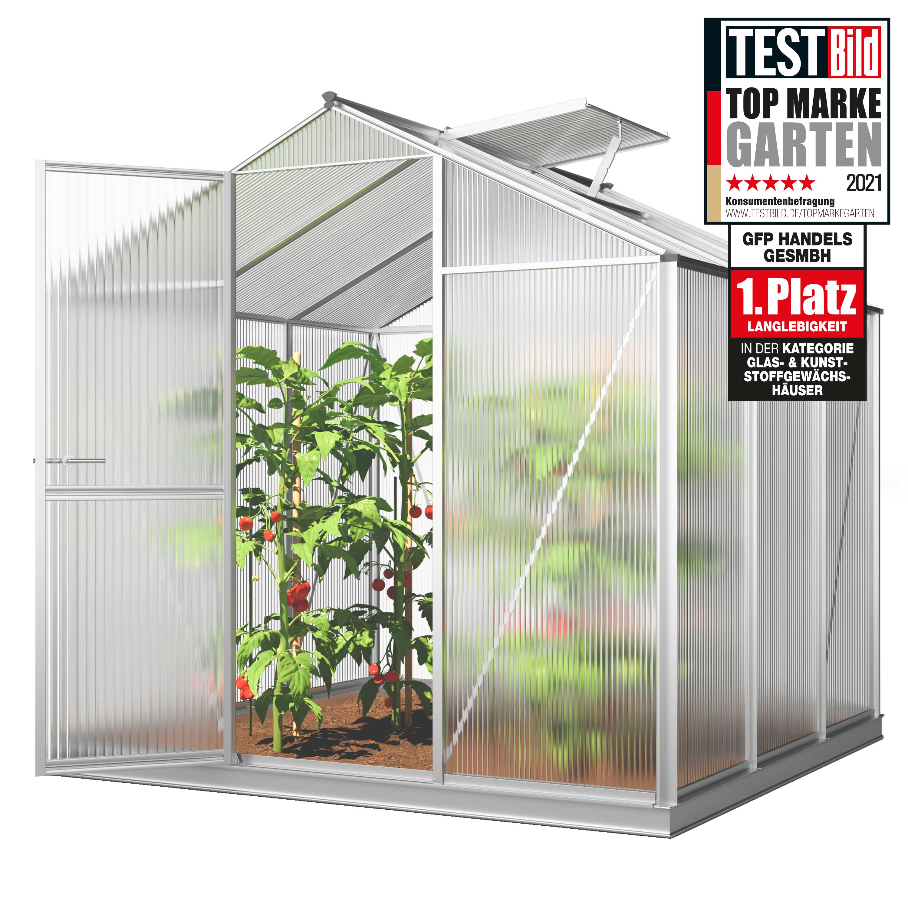 GFP Gew&auml;chshaus ECO Aluminium-Rahmen 6 mm Polycarbonatplatten mit Fundamentrahmen & automatischem Fenster&ouml;ffner 192 x 256 cm 