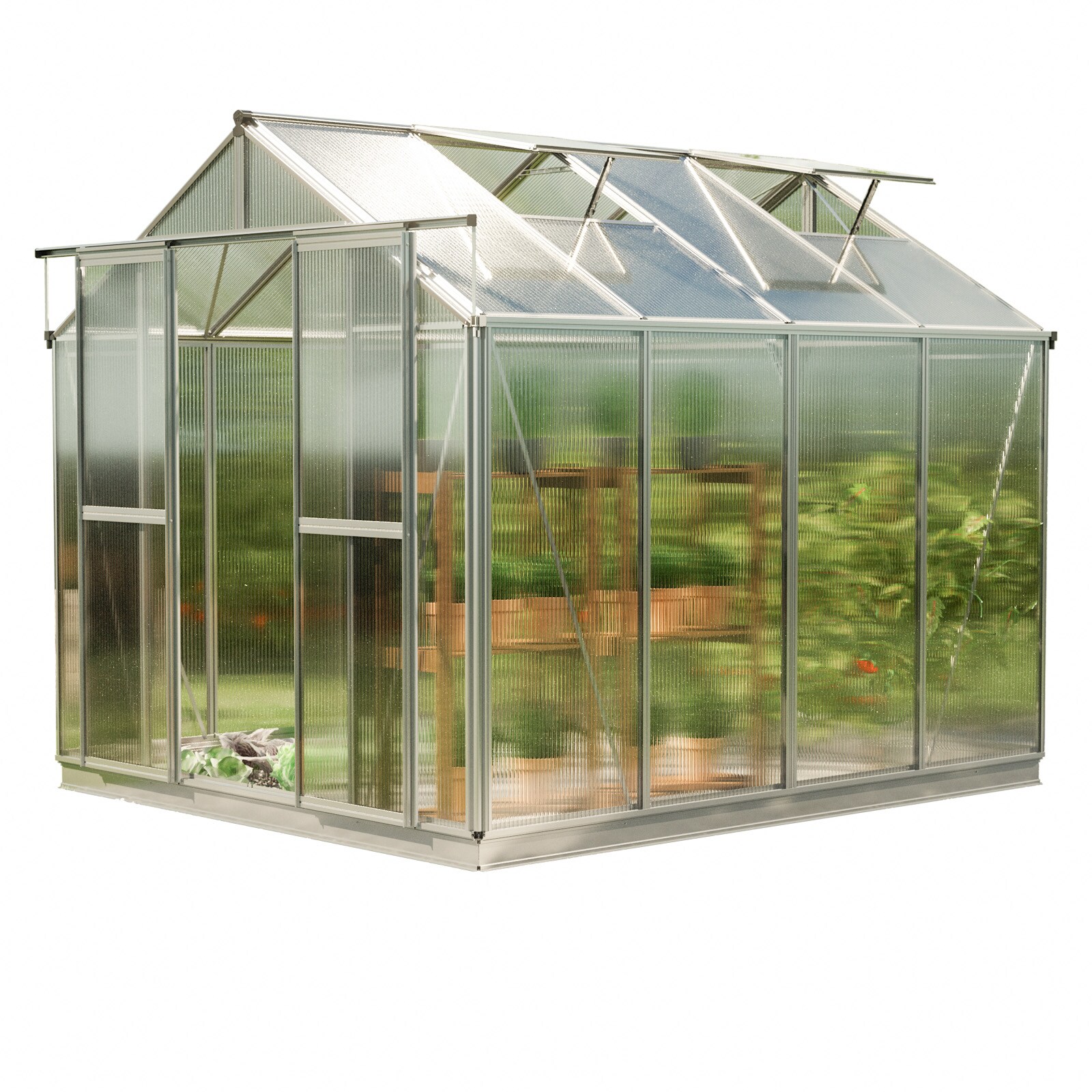 GFP Gew&auml;chshaus Aluminium-Rahmen, 6 mm Doppelstegplatten, mit Fundamentrahmen & automatischem Fenster&ouml;ffner 259 x 322 x 218 cm 