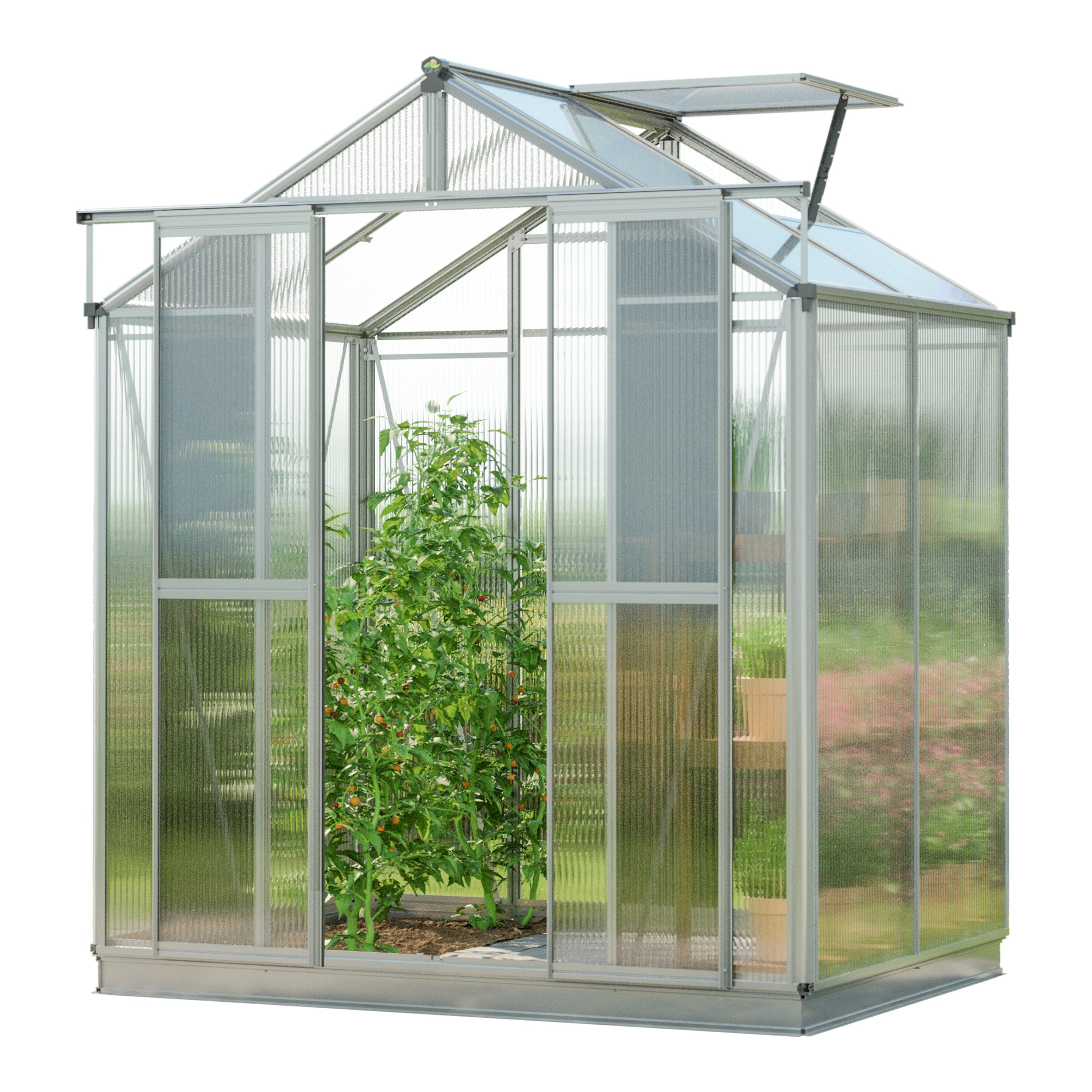 GFP Gew&auml;chshaus PICCO Aluminium-Rahmen 6 mm Polycarbonatplatten mit Fundamentrahmen & autom. Fenster&ouml;ffner 179 x 195 x 207 cm 