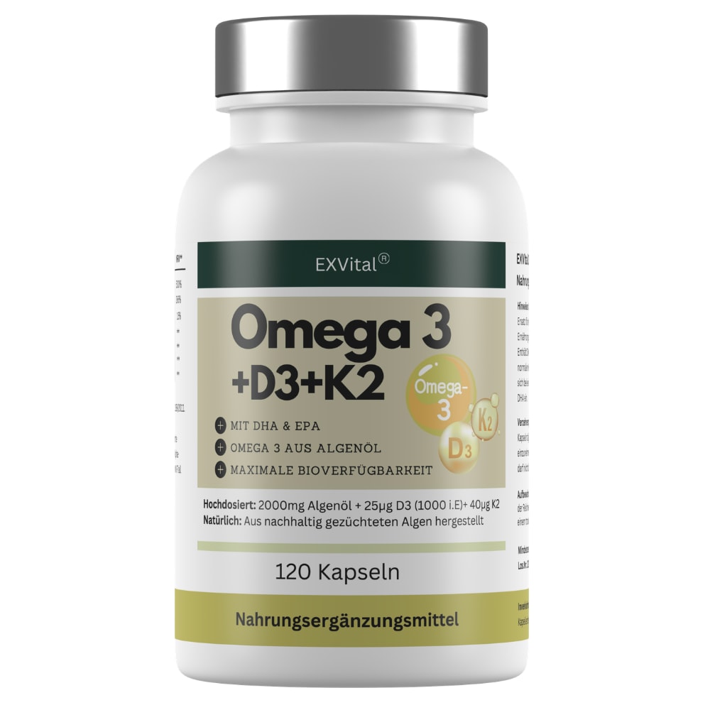 EXVital&reg; Omega 3 + D3 & K2 Kapseln aus Algen&ouml;l, hochdosiert & vegan, 120 Kapseln 