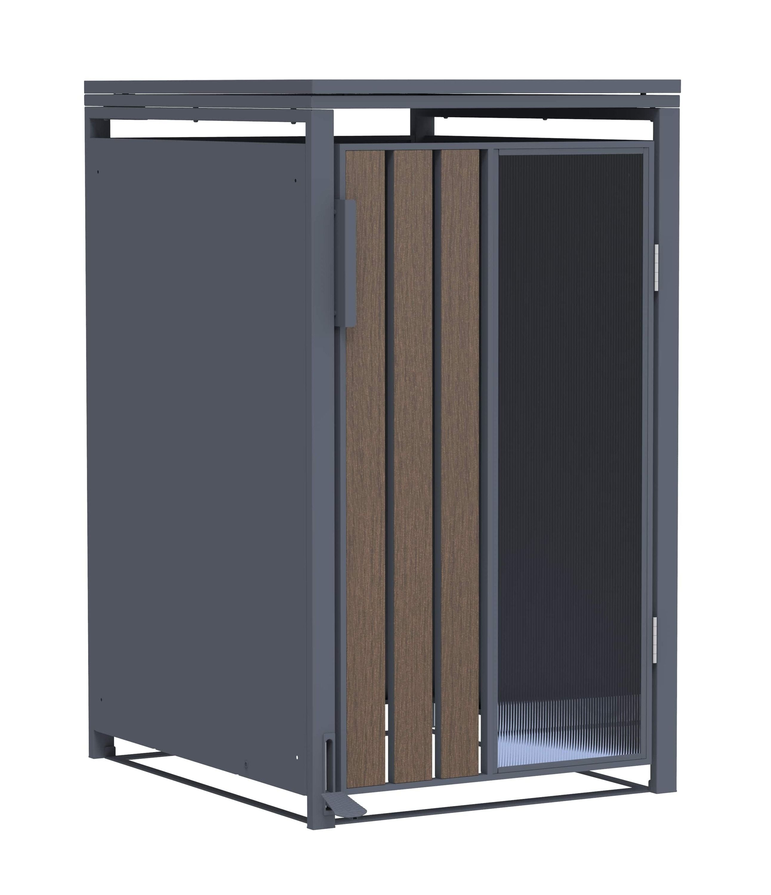 M&uuml;lltonnenbox Holzoptik mit Plexiglas f&uuml;r 1 M&uuml;lltonne 240L 68x80x116cm Pedal 