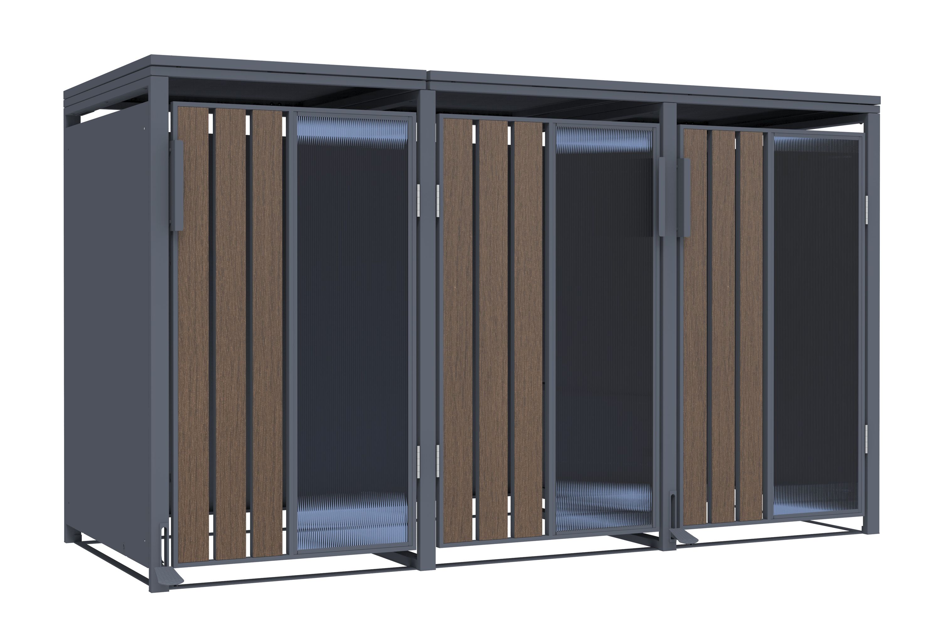 M&uuml;lltonnenbox Holzoptik mit Plexiglas f&uuml;r 3 M&uuml;lltonnen 240L 198x80x116cm Pedal 
