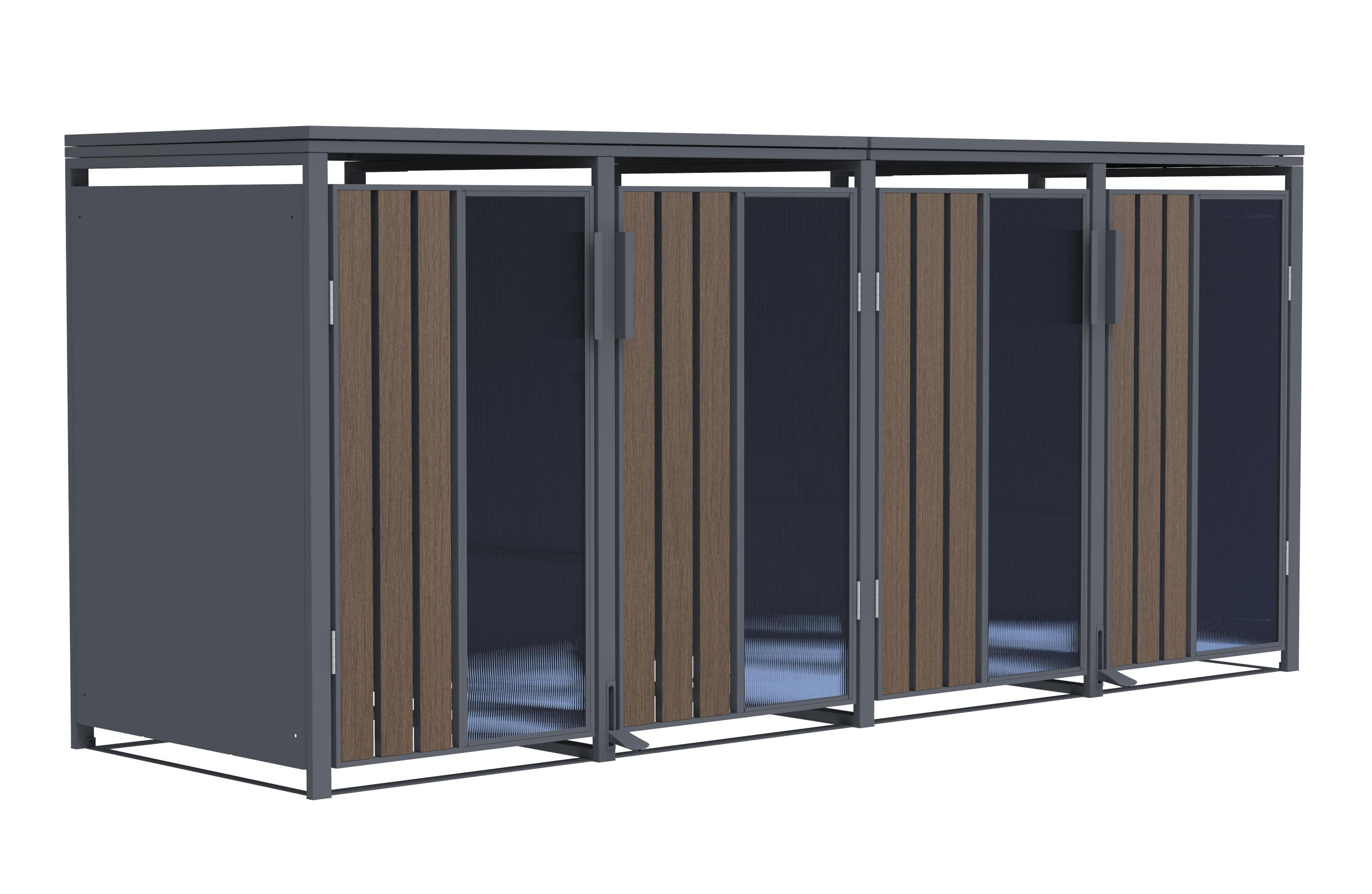 M&uuml;lltonnenbox Holzoptik mit Plexiglas f&uuml;r 4 M&uuml;lltonnen 240L 265x80x116cm Pedal 