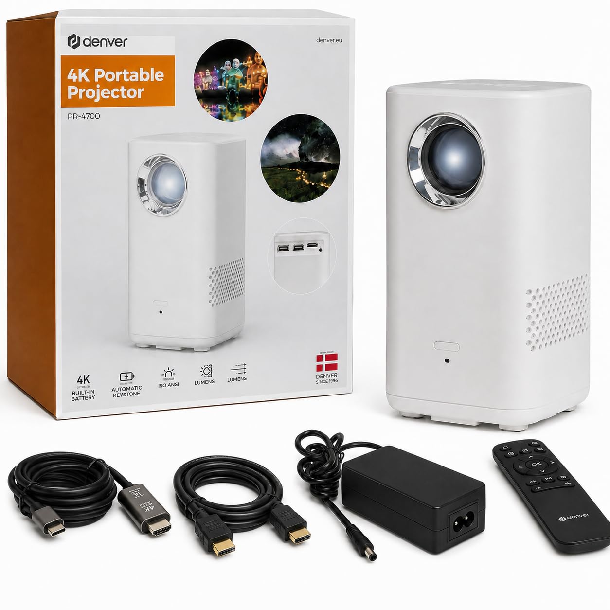 DENVER PR-4700 Beamer (LCD, 4K UHD, 150 Lumen, 2000:1 Kontrast, HDMI, Lautsprecher, Akku) 