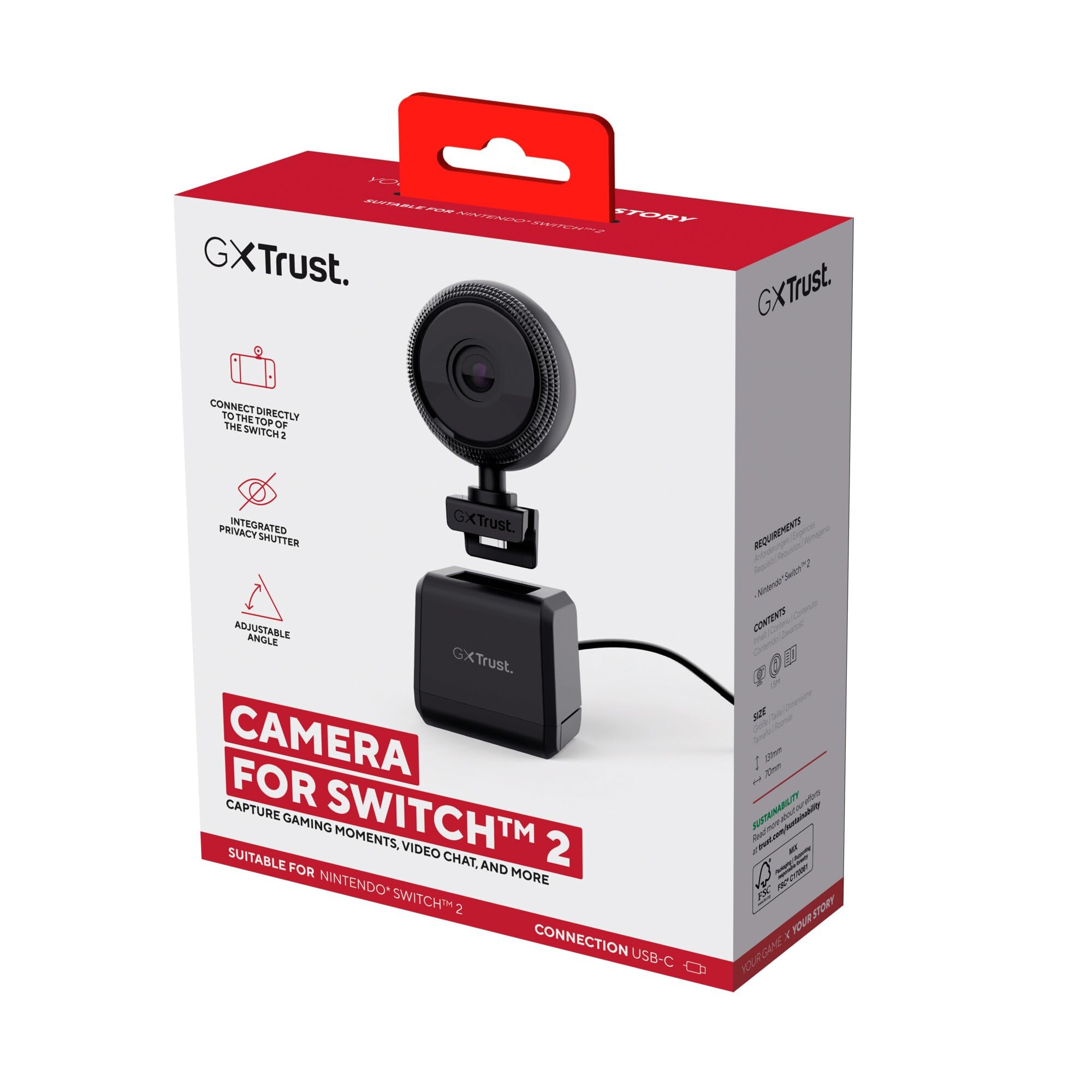 Trust GXT 1259 Kamera f&uuml;r Nintendo Switch 2 (USB-C, Full HD, 2MP Bildaufl&ouml;sung, 1080P Videoaufl&ouml;sung, Bildfrequenz 30 fps, Schwarz, inkl. USB-C-Kabel (1,5 m), TV-St&auml;nder/Basis, Bedienungsanleitung) 