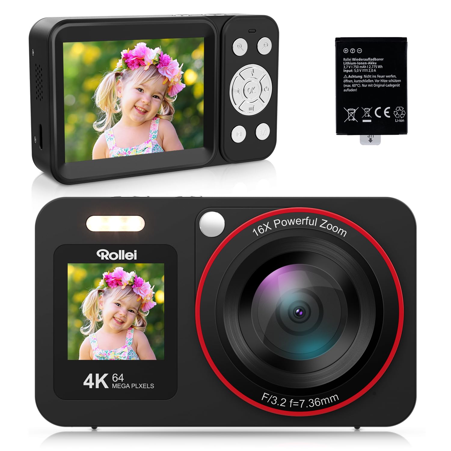ROLLEI Compactline 64 Dual Screen Kompaktkamera (64 MP Digitalkamera mit 4K) 