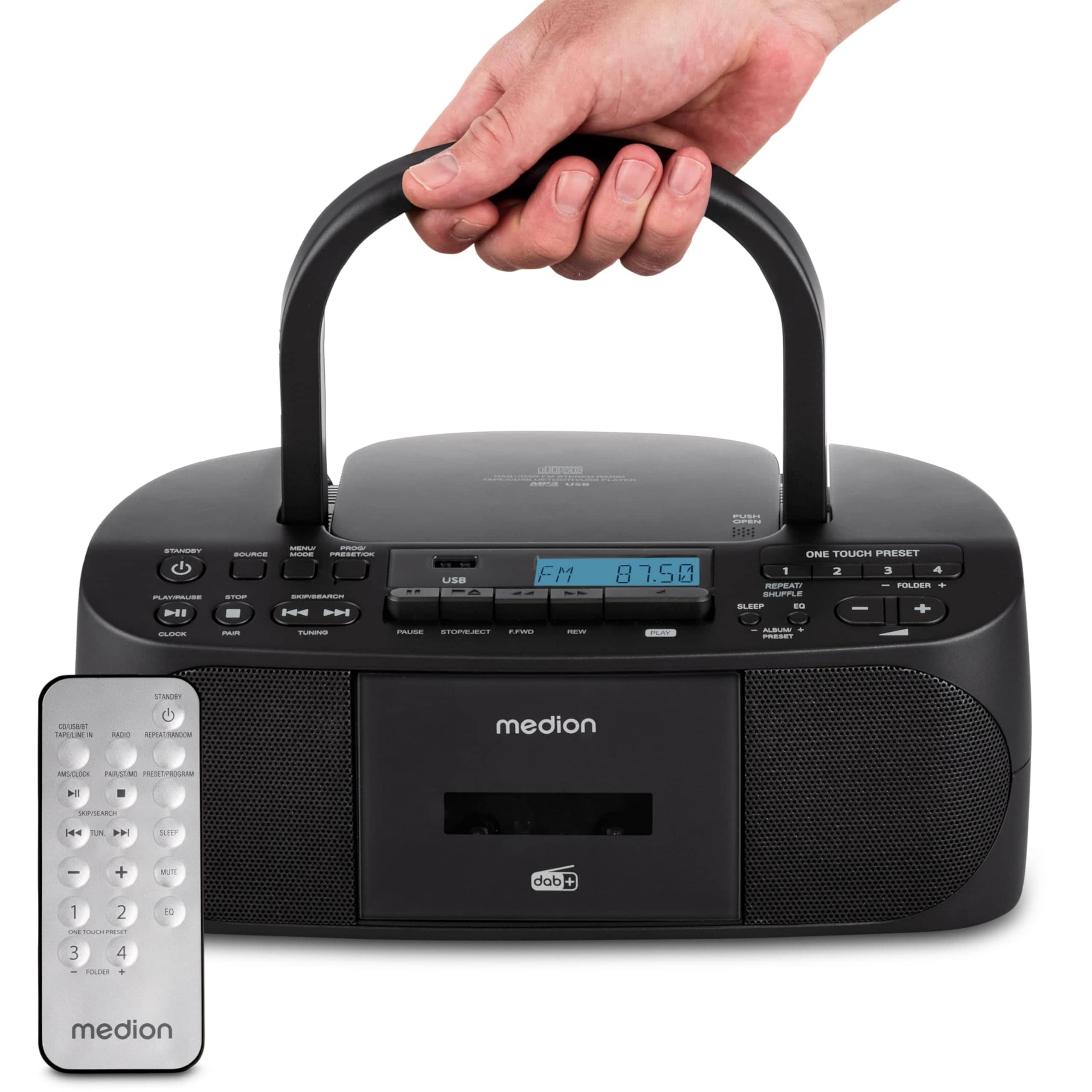 Medion MD400003 LIFE DRX-1 Plus schwarz Radiorekorder mit CD-Spieler und Kassettendeck (DAB+/PLL-UKW-Stereo Radio, Bluetooth&reg; 5.4, CD-Kassetten-Radio mit MP3-Wiedergabe, USB Anschluss, CD-R/RW kompatibel, AUX-In, 2 x 3 Watt RMS) 