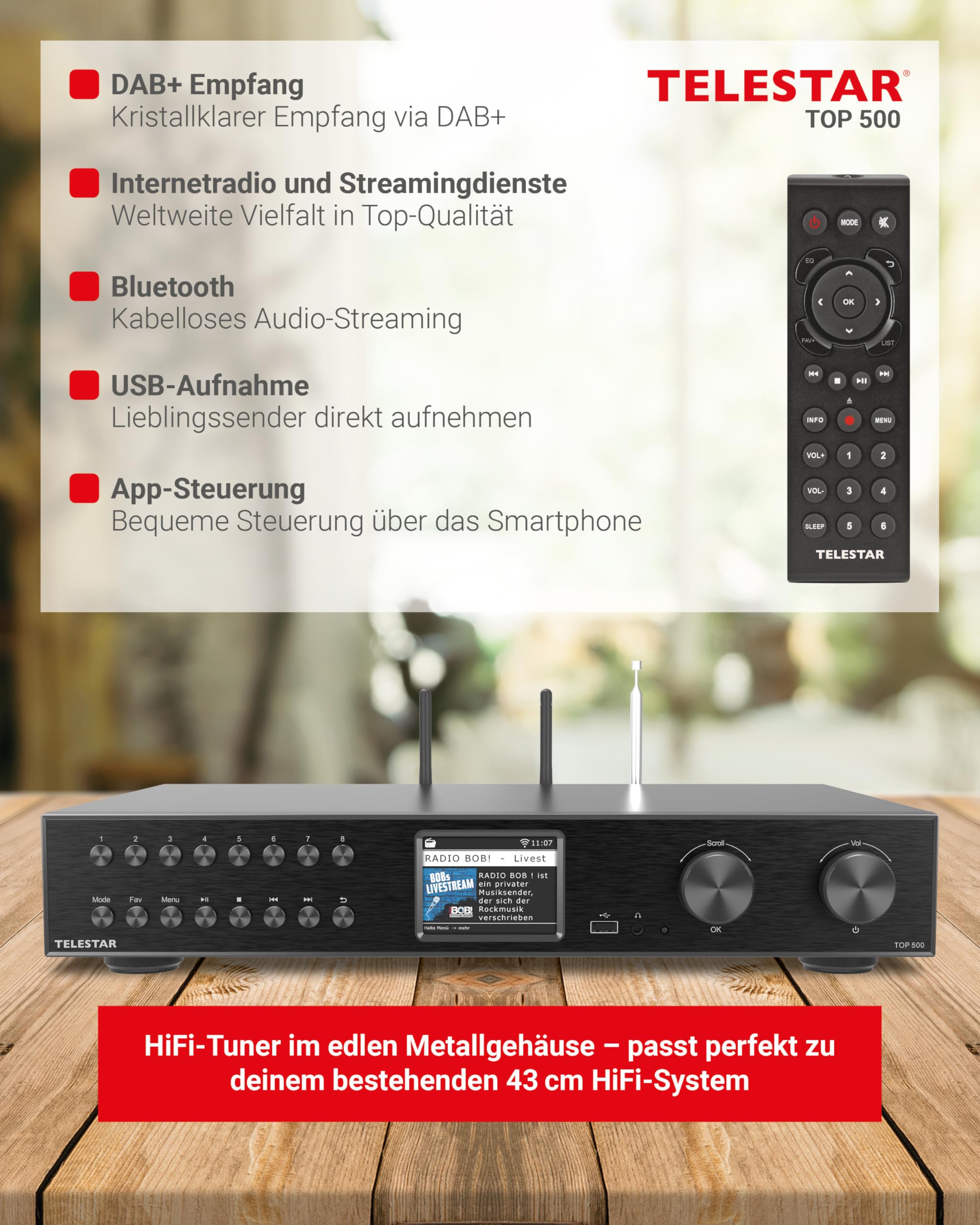 TELESTAR TOP 500 HiFi-Tuner 43 cm Breit, Internetradio DAB+ Bluetooth Schwarz 