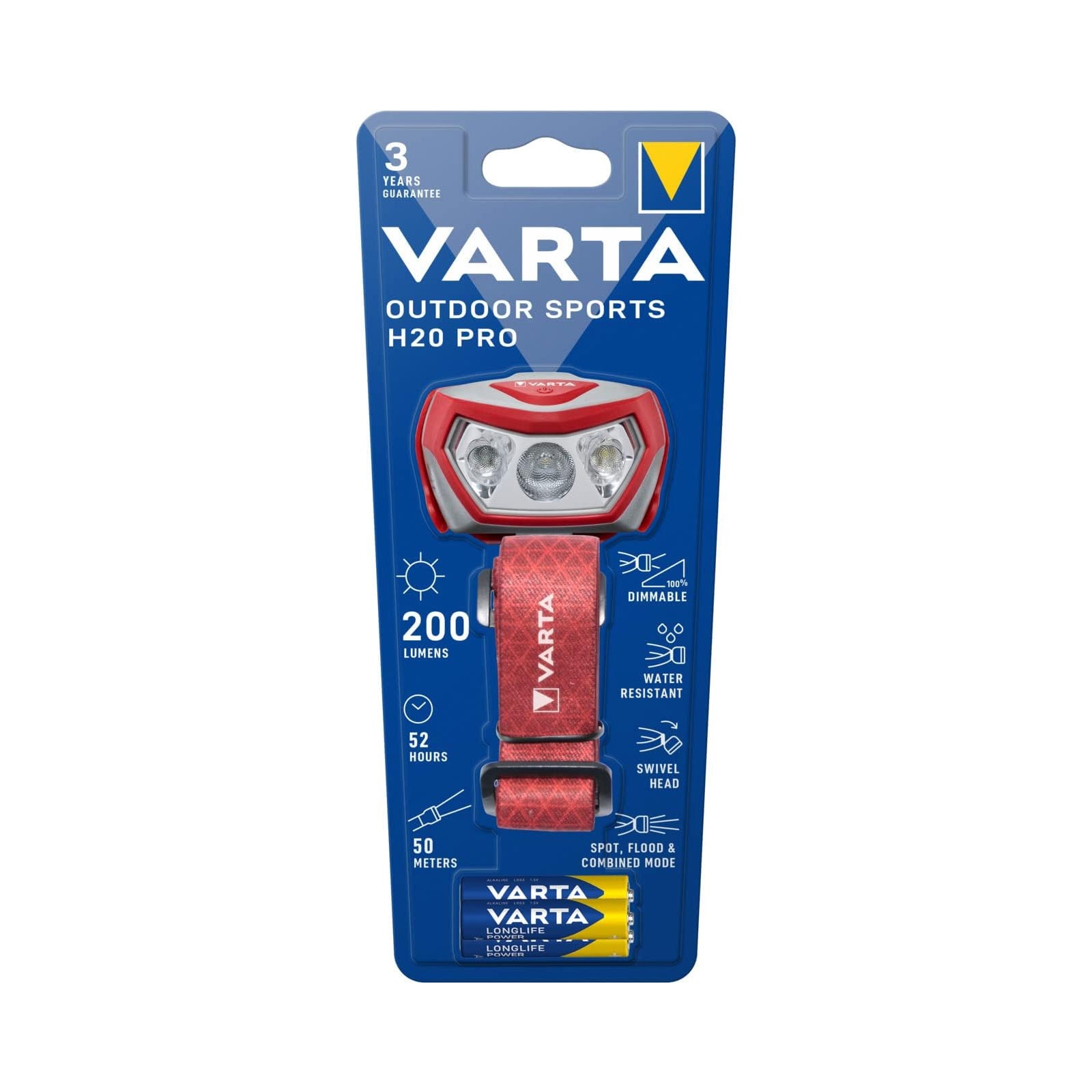 VARTA Outdoor Sports H20 Pro Kopfleuchte mit 3AAA Batterien rot 