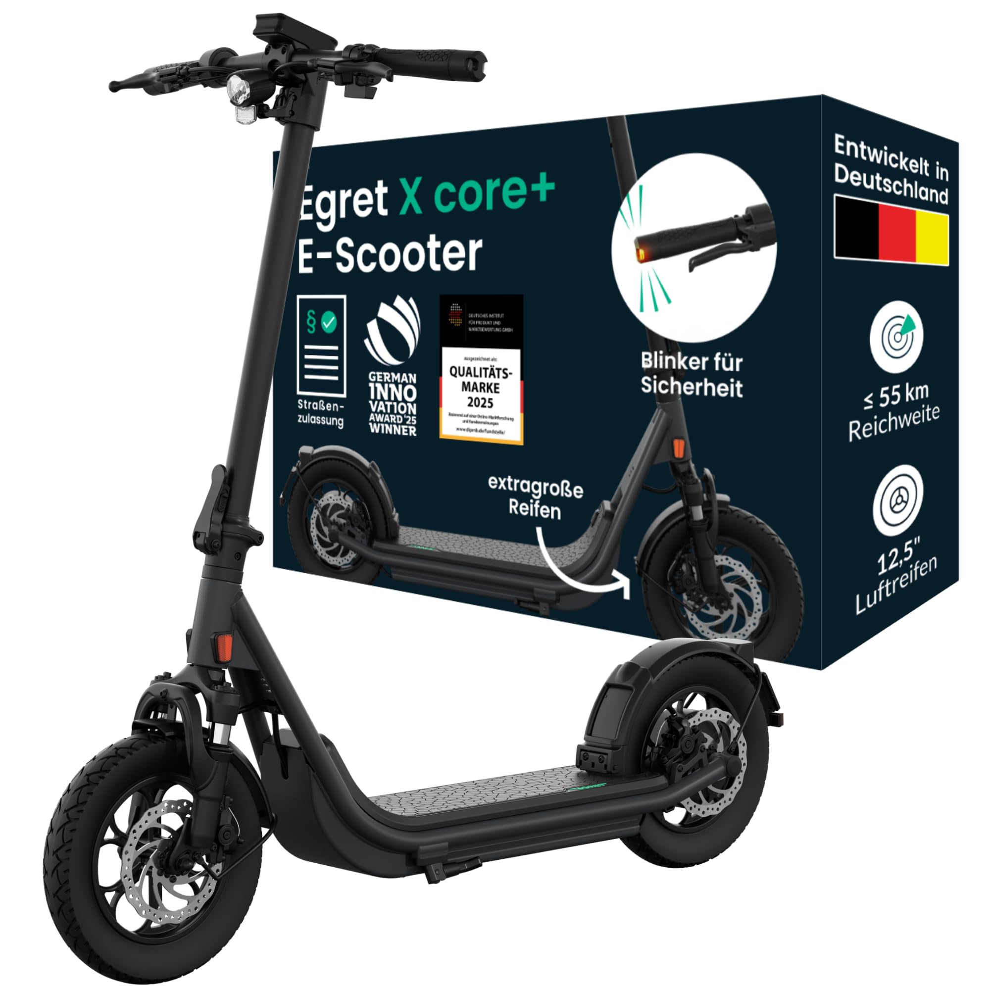 Egret X Core+ E-Scooter (max. 20 km/h, bis zu 55 km, Tragf&auml;higkeit 130kg, Hinterradantrieb, 500W, Blinker) 