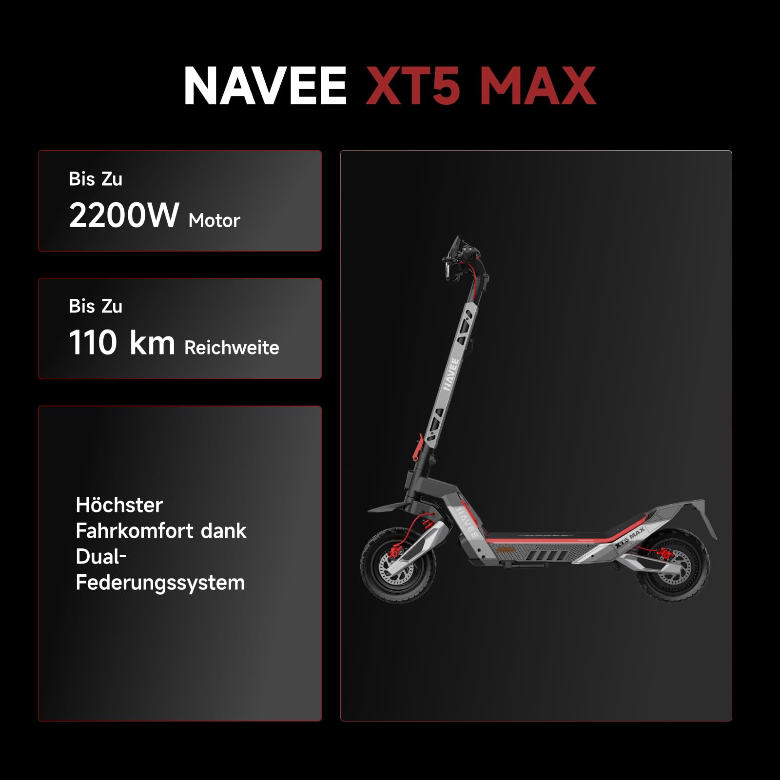 Navee XT5 Max DE E-Scooter (max. 20 km/h, bis zu 110 km, Tragf&auml;higkeit 150kg, Hinterradantrieb, Blinker) 