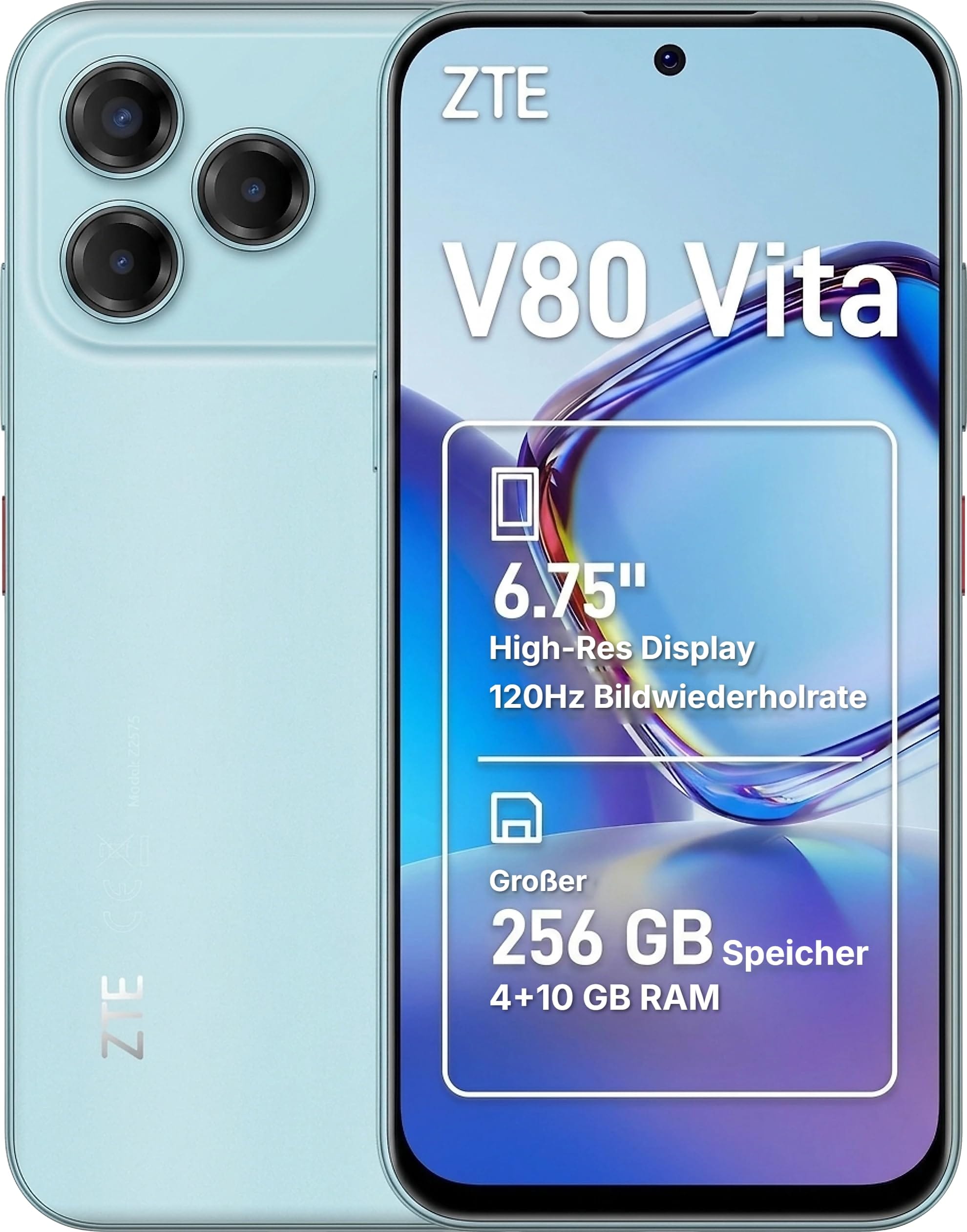 ZTE V80 Vita 4GB + 256GB Cyan Smartphone (6,75 Zoll, 50 MP, Triple-Kamera, 5.000-mAh, Octa-Core, Fingerabdrucksensor, Gesichtserkennung) 