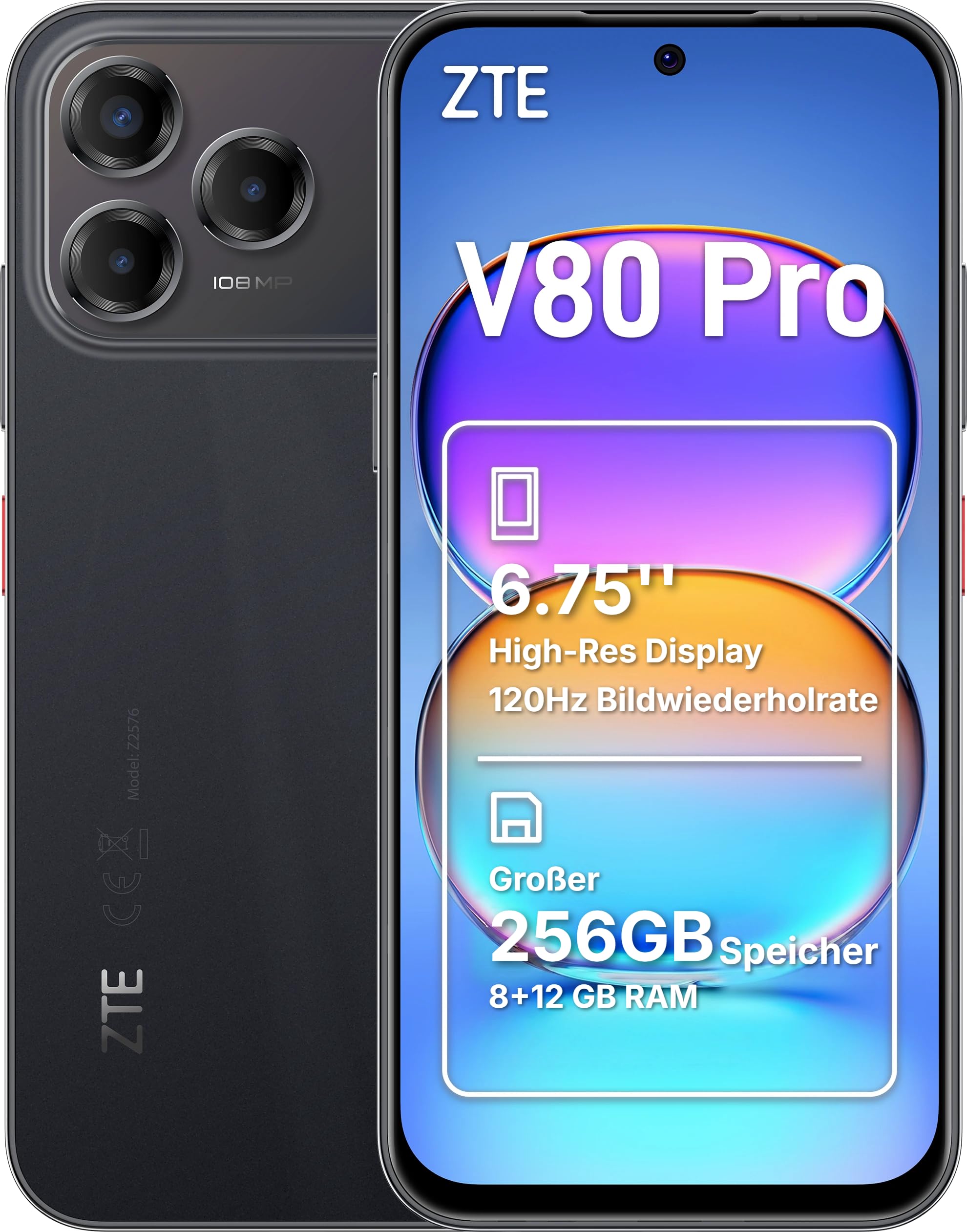 ZTE V80 Pro 8GB + 256GB Black Smartphone (6,75 Zoll, 108 MP, Triple-Kamera, 5.000-mAh, Octa-Core, Fingerabdrucksensor, Gesichtserkennung) 