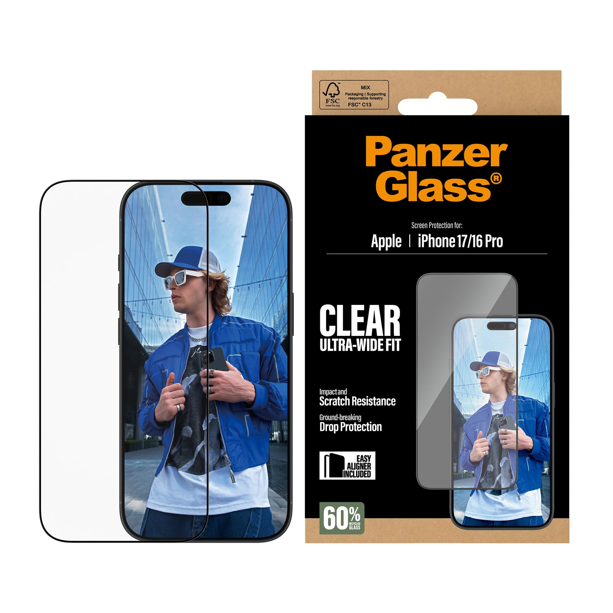 PanzerGlass Displayschutz f&uuml;r iPhone 17, iPhone 16 Pro, Ultra-Wide Fit mit EasyAligner (PG30687) 