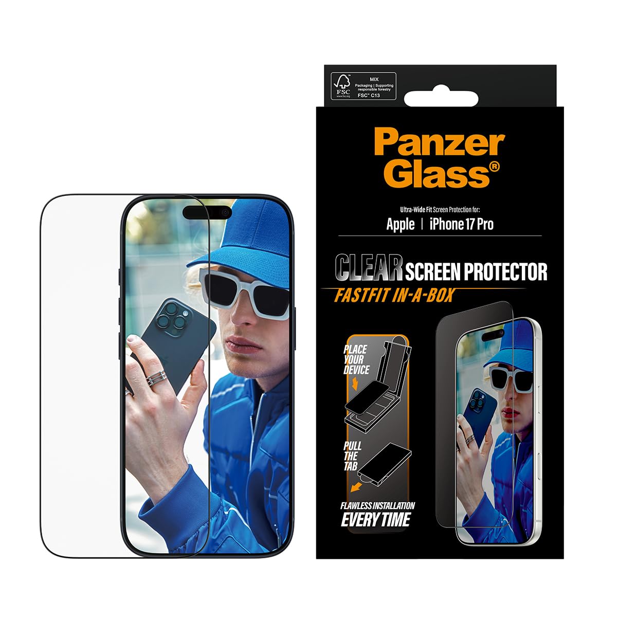 PanzerGlass Displayschutz mit schwarzem Rahmen f&uuml;r iPhone 17 Pro, Ultra-Wide Fit mit EasyAligner (PG48188) 