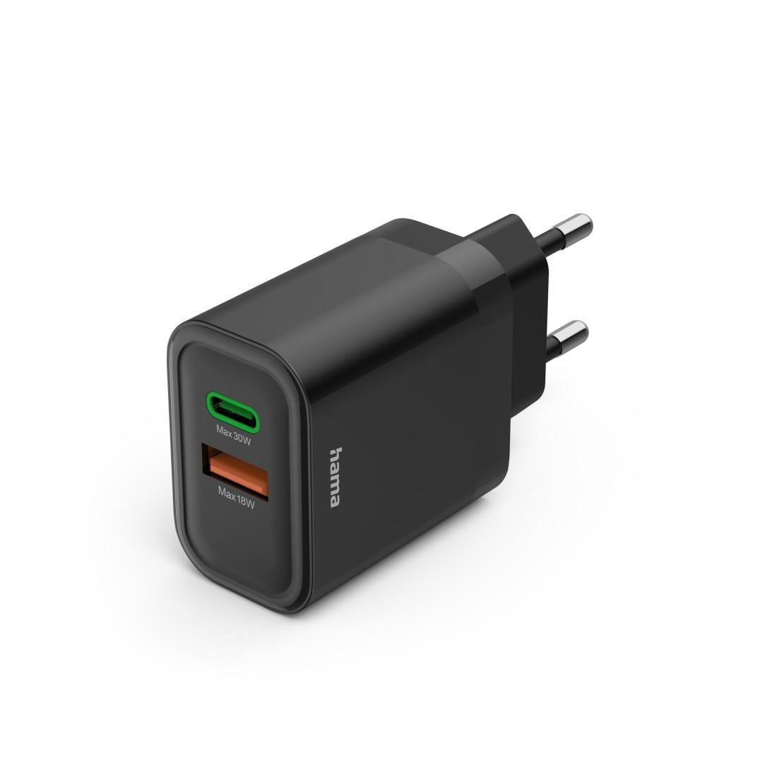 HAMA Schnellladeger&auml;t, 1x USB-C, 1x USB-A, PD, 30 W, Schwarz Ladeger&auml;t (USB-A + USB-C) 
