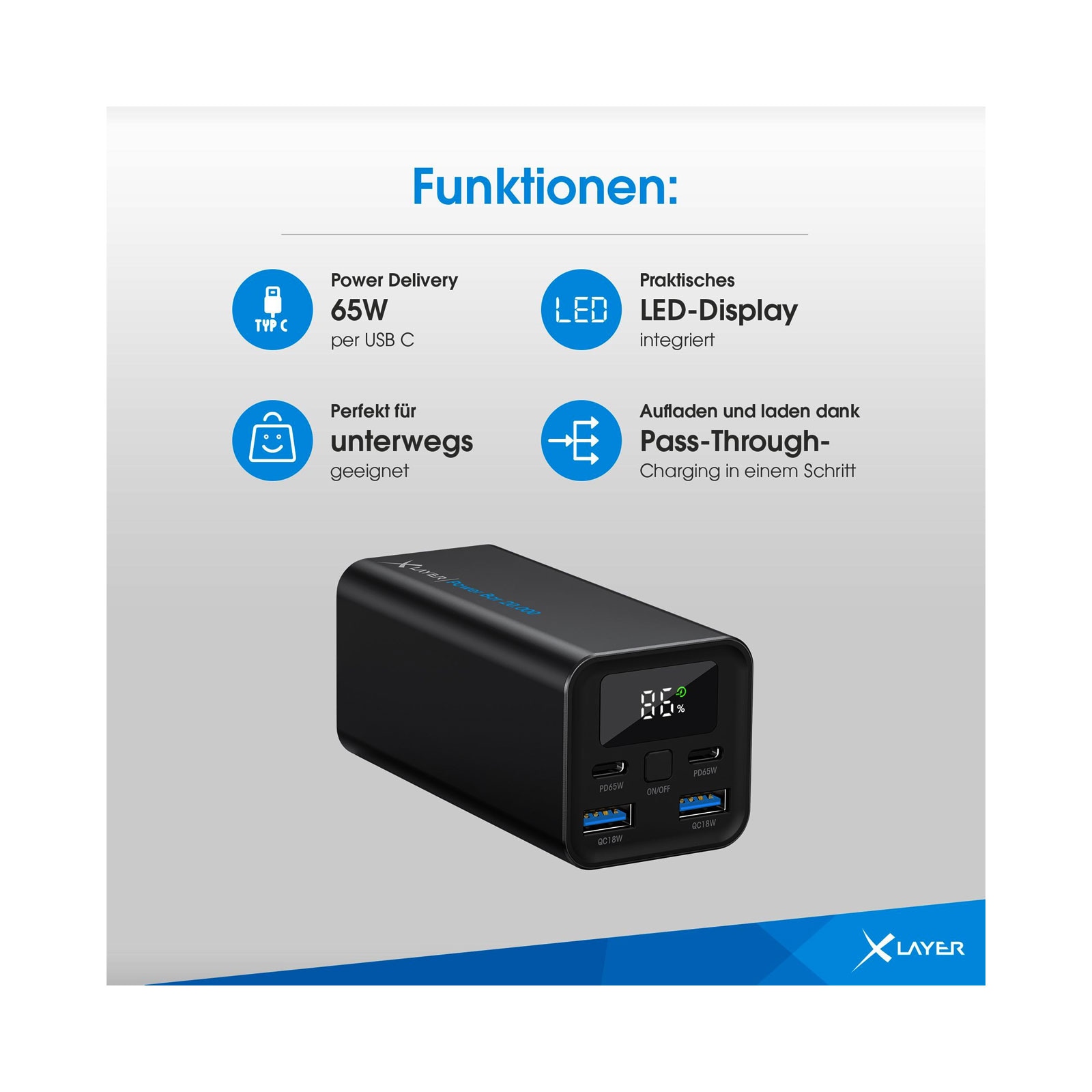 XLayer Power Bar 20.000-mAh 65 Watt PD Black Powerbank 