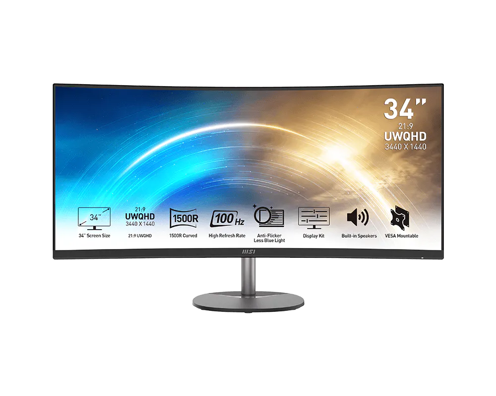 MSI PRO MP341CQDE, Schwarz, 34 Zoll, Curved, UWQHD, VA, 100 Hz, 1 ms (HDMI, DisplayPort, neigbar, AMD FreeSync) 