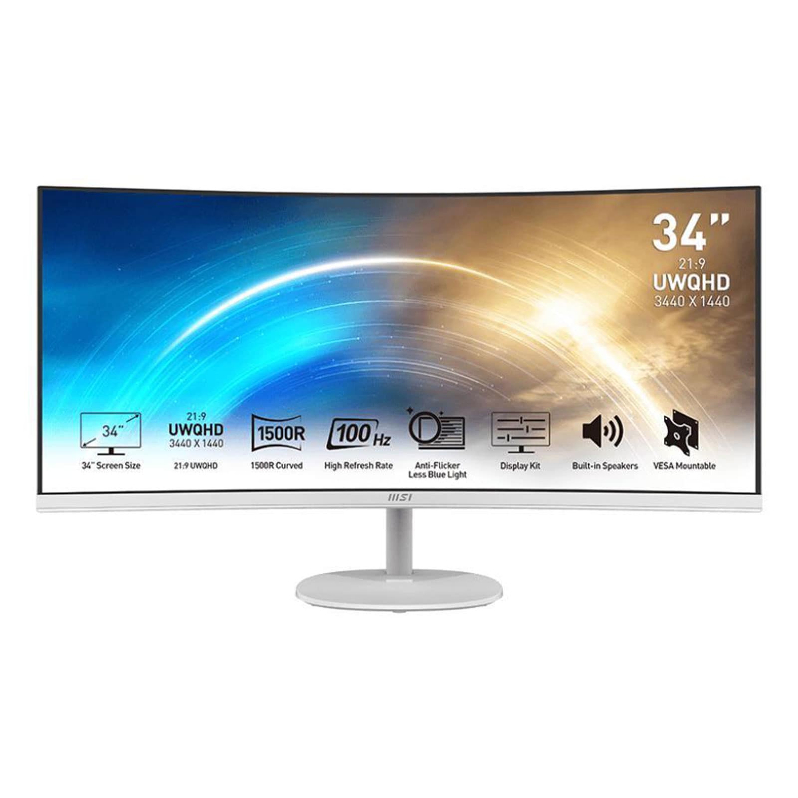 MSI PRO MP341CQWDE, Schwarz, 34 Zoll, UWQHD, VA, 100 Hz, 1 ms (DVI, HDMI, DisplayPort, neigbar, AMD FreeSync) 