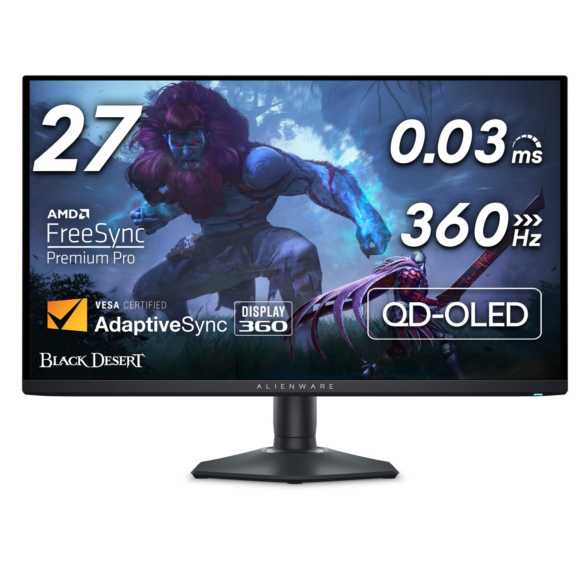 Alienware AW2725DF, Schwarz, 26,7 Zoll, QHD, QD-OLED, 360 Hz, 0,03 ms Gaming-Monitor (HDMI, DisplayPort, USB, h&ouml;henverstellbar, neigbar, schwenkbar, Pivot, DisplayHDR 400 True Black, AMD FreeSync Premium Pro) 