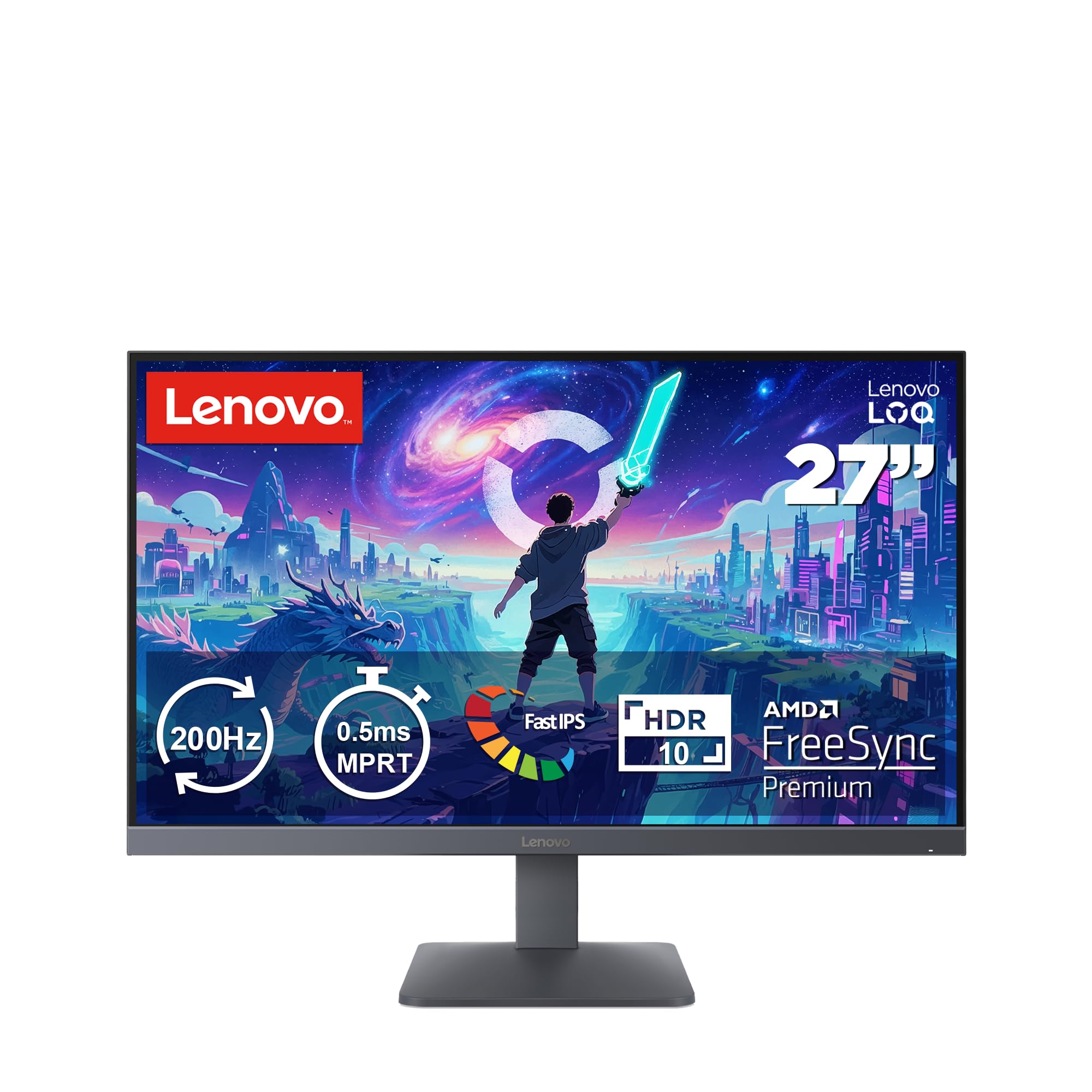 Lenovo LOQ 27-10, Schwarz, 27 Zoll, Full HD, IPS, 200 Hz, 0,5 ms (HDMI, DisplayPort, neigbar, AMD FreeSync Premium, VESA Adaptive Sync, HDR10) 