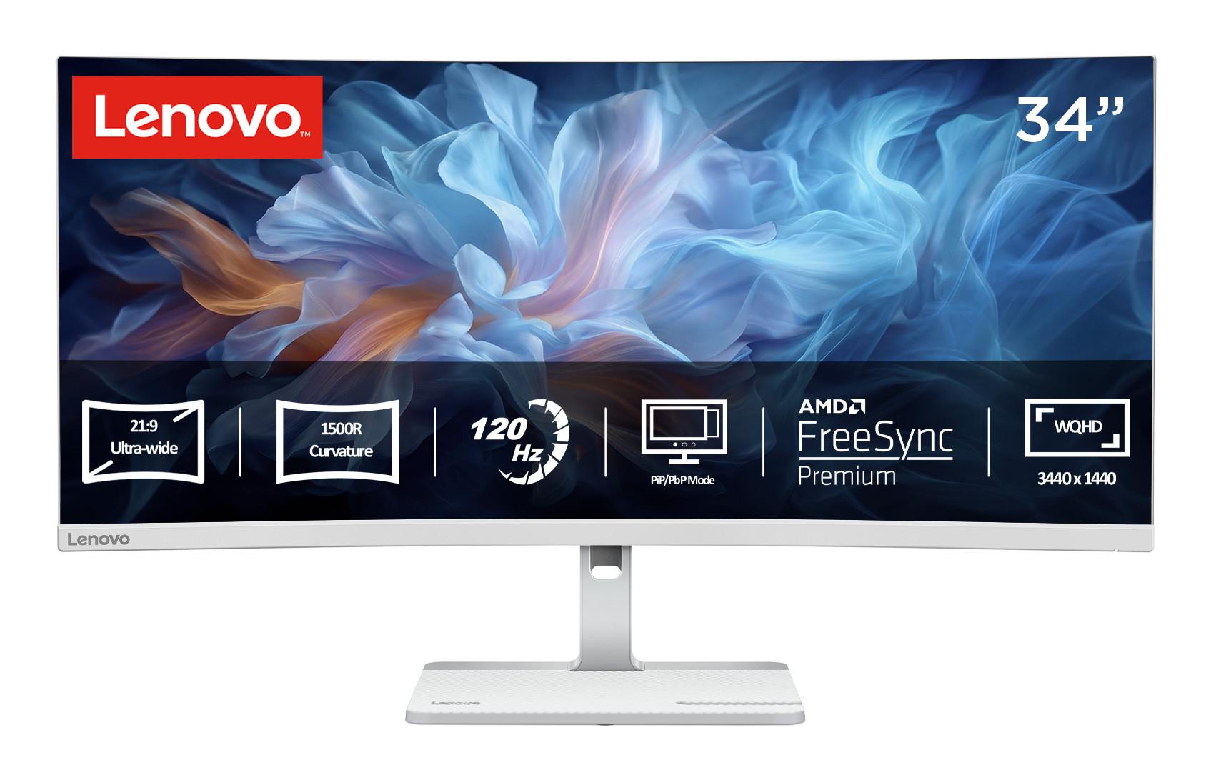 Lenovo Monitor L34W-4C, Cloud Grey, 34 Zoll, Curved, WQHD, 120 Hz, 1 ms (VA, HDR10, 2 x HDMI 2.1, 1 x DisplayPort 1.4, h&ouml;henverstellbar, AMD FreeSync Premium) 