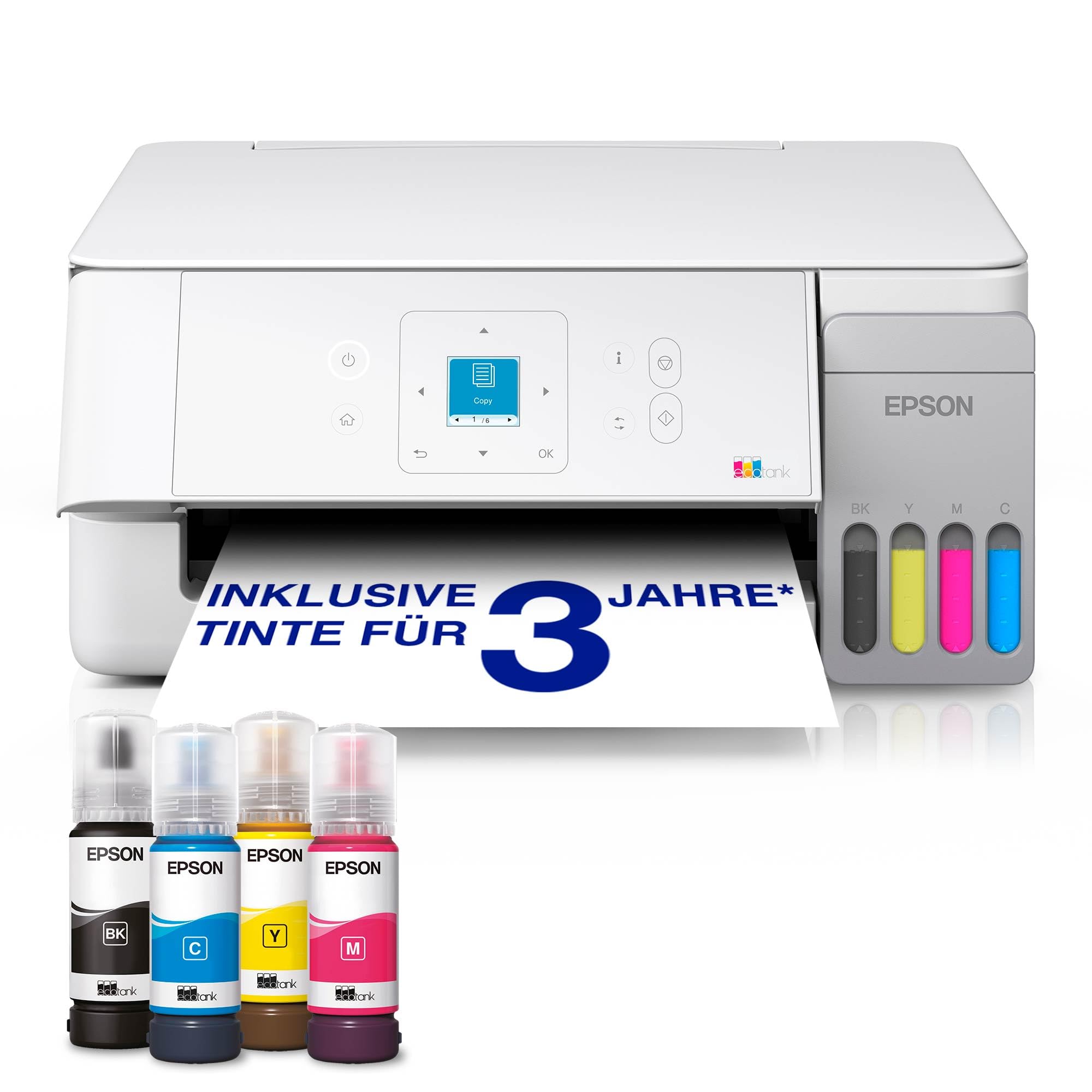 Epson EcoTank ET-2926, Wei&szlig; Multifunktionsdrucker (Tintenstrahldrucker, 3-in-1, Drucker, Scanner, Kopierer, WLAN, USB, AirPrint, Duplex, A4) 