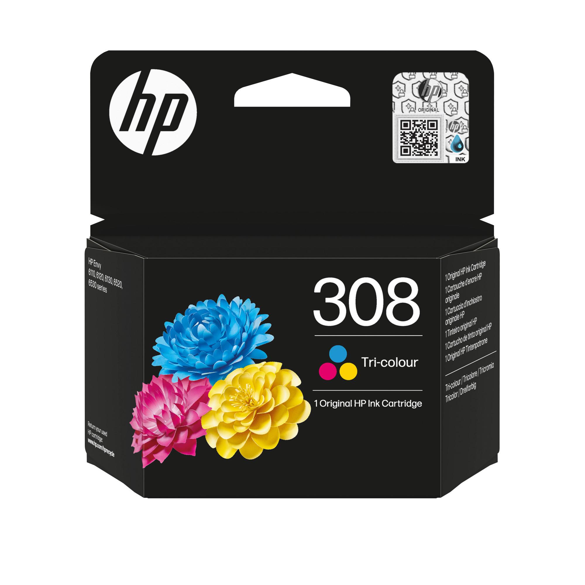 HP 308 Cyan/Magenta/Gelb Original Druckerpatrone (7FP20UE, kompatibel mit HP Envy 6110, 6120, 6130, 6520, 6530 Serie) 