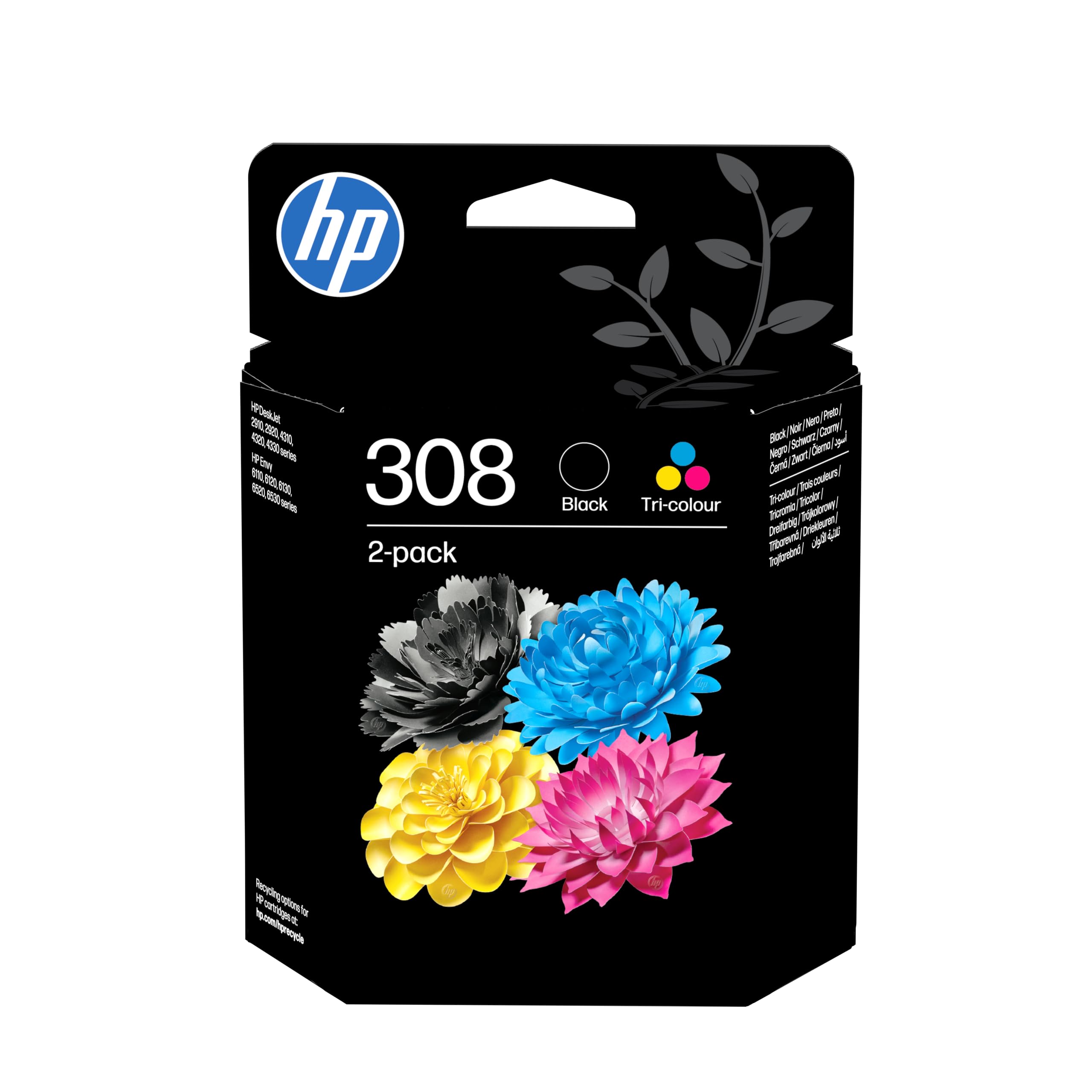 HP 308 2er-Pack Schwarz/Cyan/Magenta/Gelb Original Druckerpatronen-Kombipackung (6L6S6UE, kompatibel mit HP Envy 6110, 6120, 6130, 6520, 6530 Serie) 