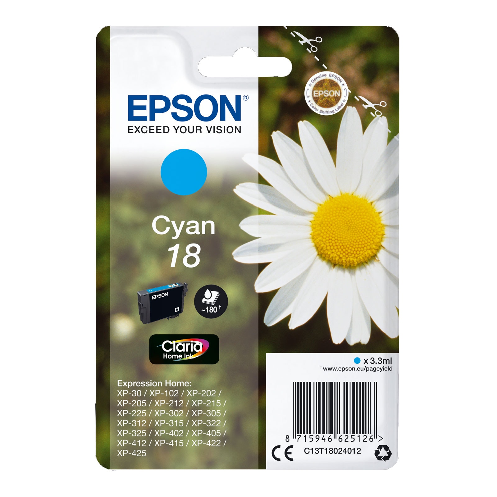 EPSON C13T18024012 Singlepack 18 Claria Home Ink Serie "G&auml;nseblume" Cyan 