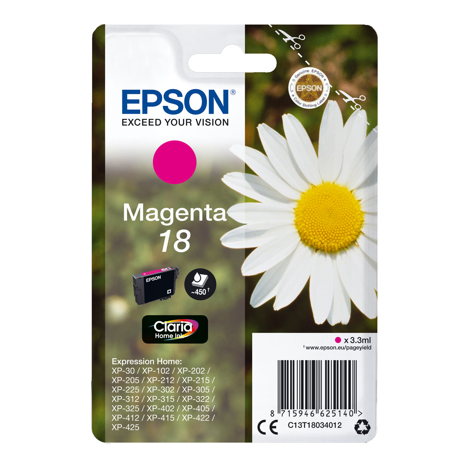 EPSON C13T18034012 Singlepack 18 Claria Home Ink Serie "G&auml;nseblume" Magenta 