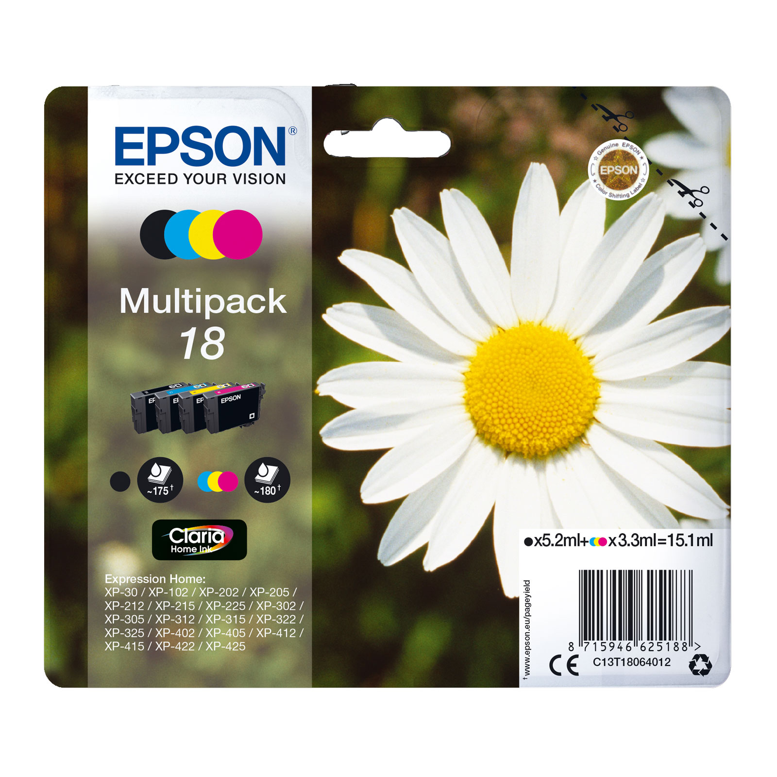 EPSON C13T18064012 Multipack 18 Claria Home Ink Serie "G&auml;nseblume" (4 Farben) 