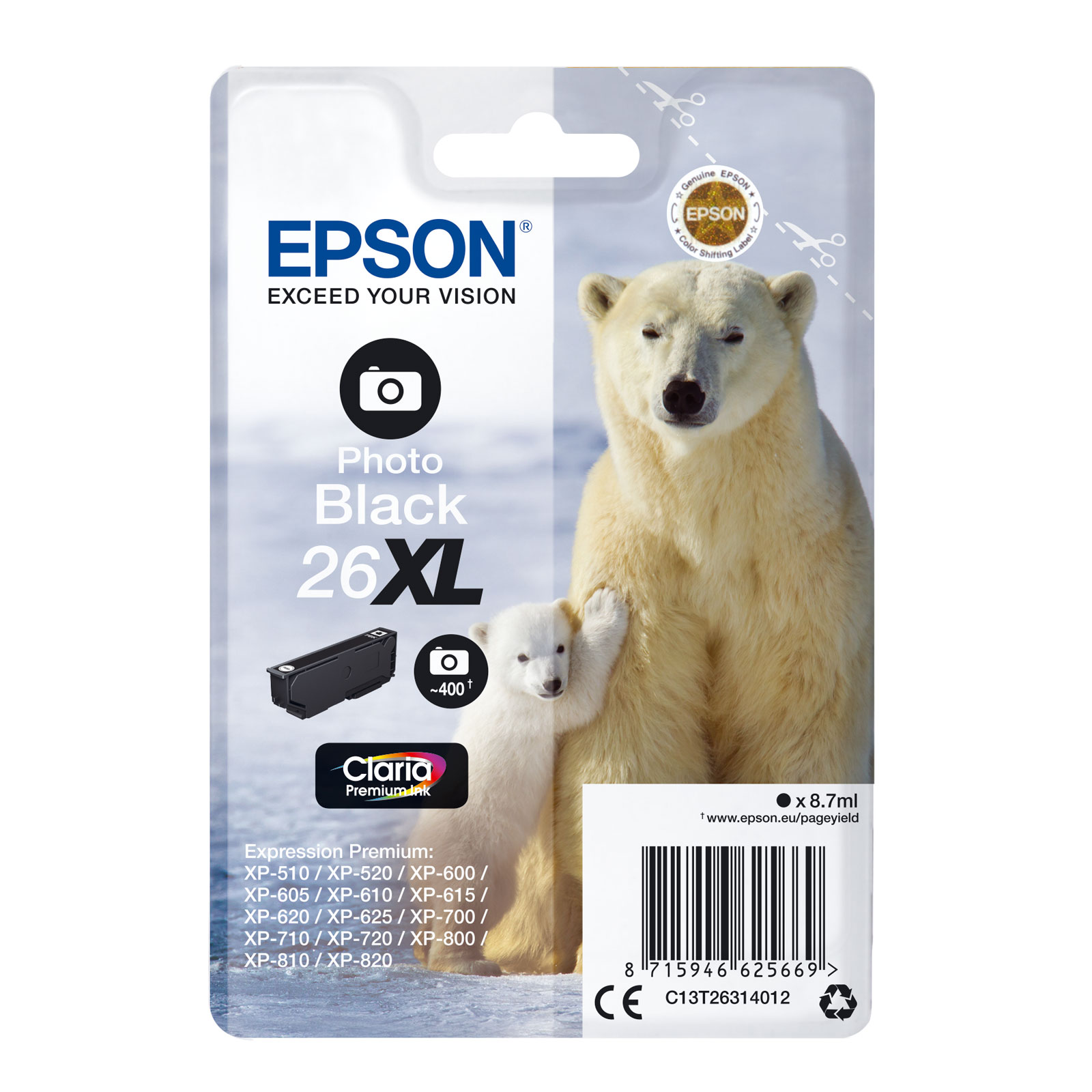 Epson C13T26314012 XL Eisb&auml;r schwarz (Foto) Druckerpatrone 