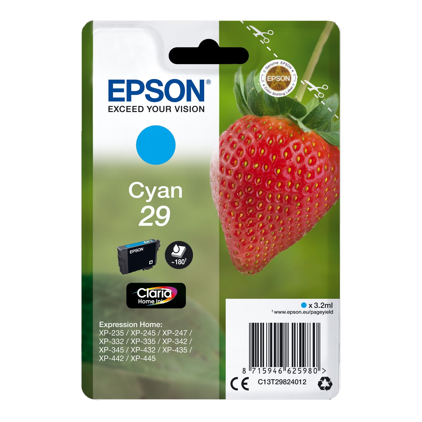 Epson C13T29824012 Singlepack 29 Claria Home Ink Serie "Erdbeere" Cyan 