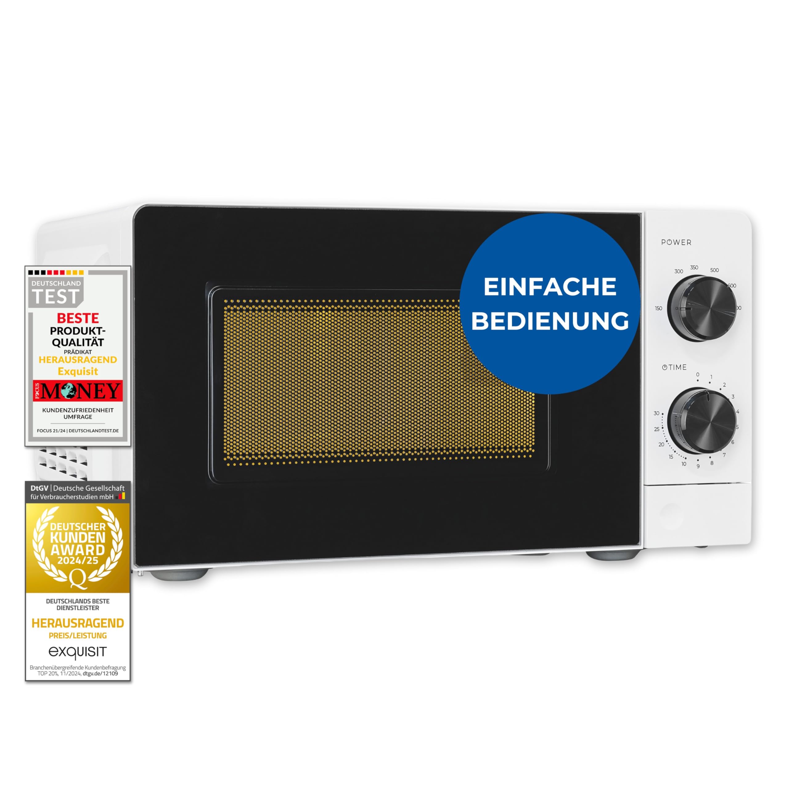 EXQUISIT MW950-70 weiss Mikrowelle (20 Liter, 700 Watt max. Mikrowellenleistung, lackierter Garraum, 6 Leistungsstufen inkl. Auftaufunktion, Drehteller 24,5 cm &Oslash;, mechanische Zeitschaltuhr, Innenbeleuchtung, Wei&szlig;/Schwarz) 