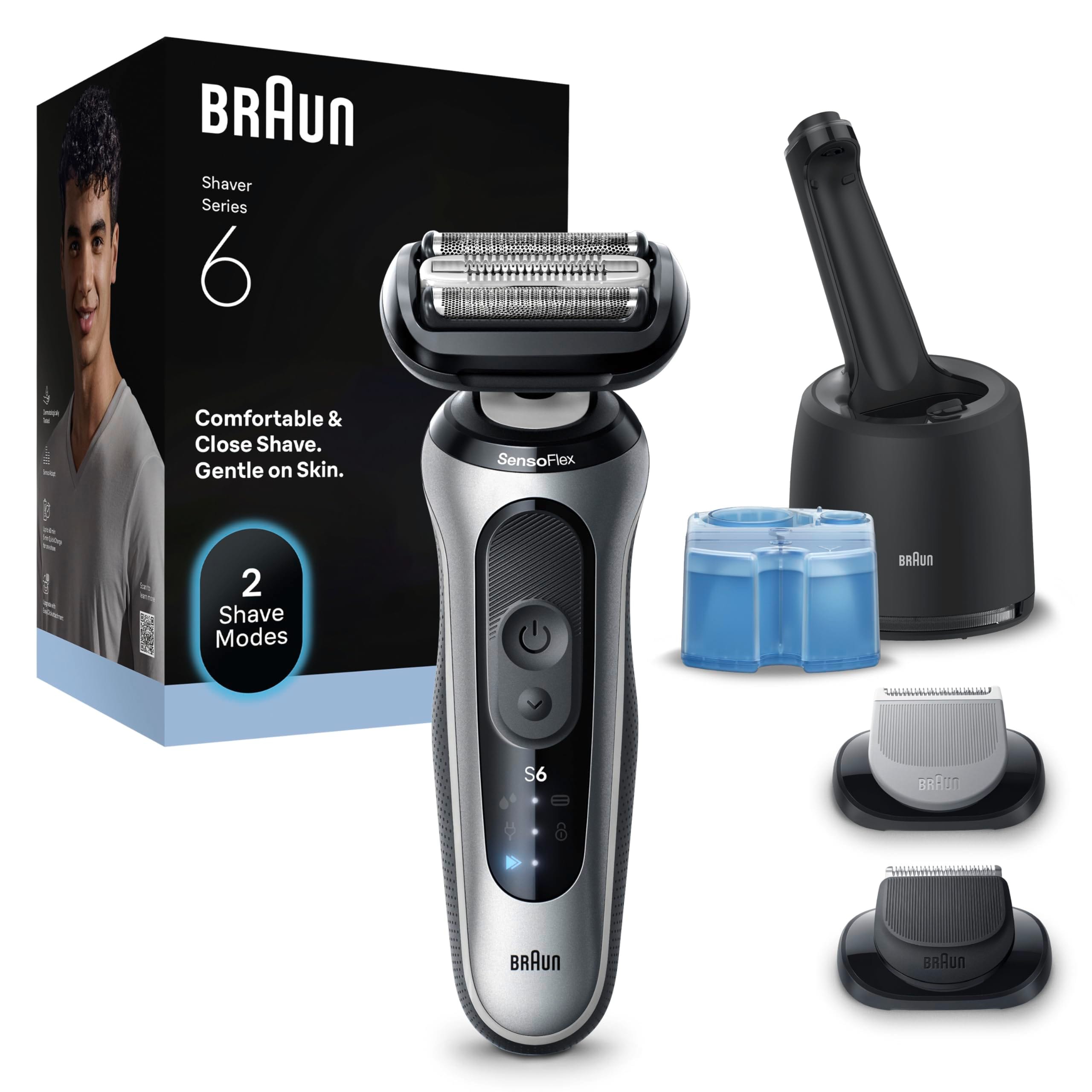 BRAUN Series 6 Elektrorasierer 62-S7650cc Herrenrasierer (Akkubetrieb, 2D-ContourAdapt Kopf, Turbo-Modus und sanfter Modus, kabellose Laufzeit bis zu 60 Min., 100% wasserdicht, hergestellt in Deutschland, Reiseetui, Ladeger&auml;t, Reinigungsb&uuml;rste, 4in1 SmartC 