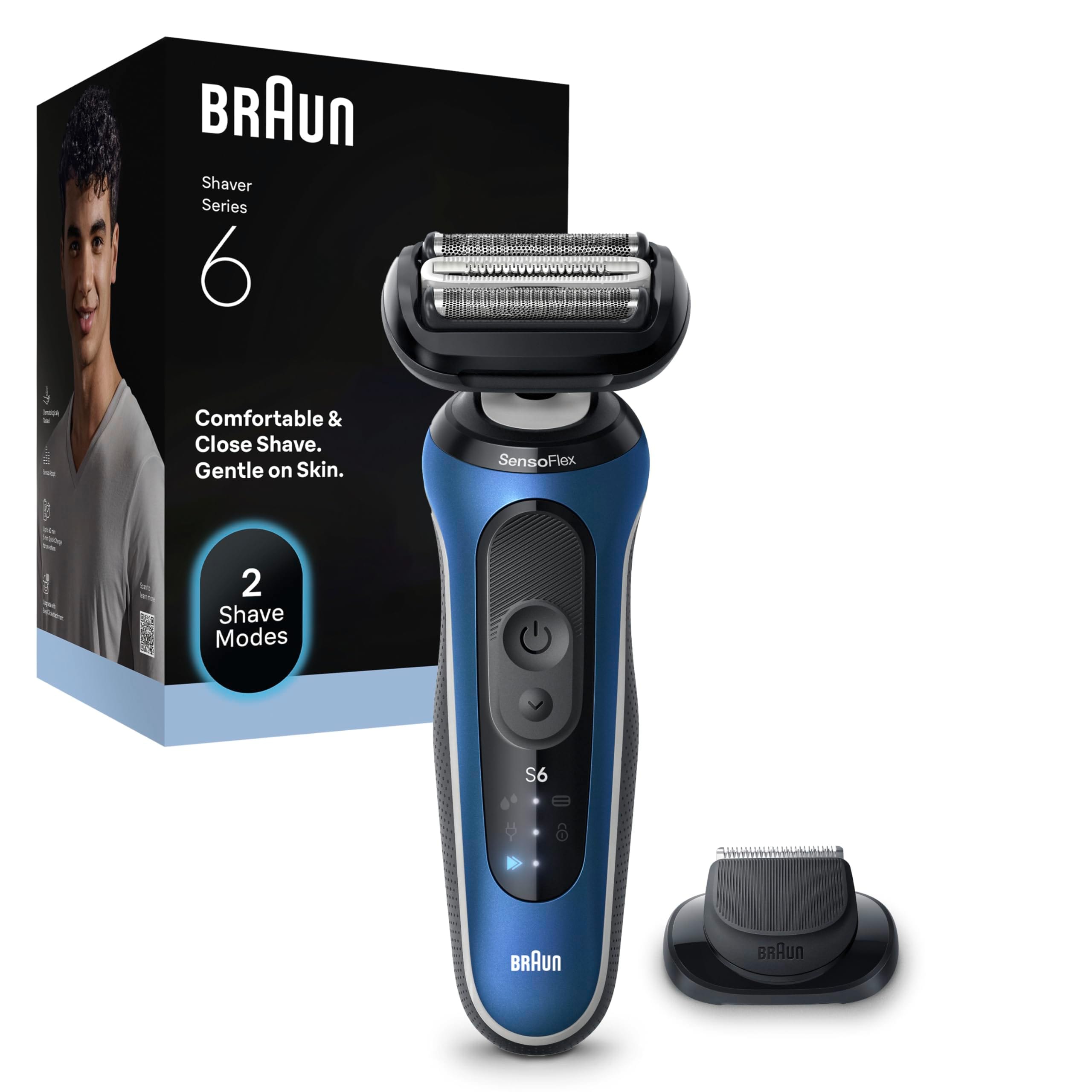 BRAUN Serie 6 Elektrorasierer, +1 Aufsatz, 62-B1200s Herrenrasierer (Akkubetrieb, 2D-ContourAdapt Kopf, Turbo-Modus und sanfter Modus, kabellose Laufzeit bis zu 60 Min., 100% wasserdicht, hergestellt in Deutschland, Reiseetui, Ladeger&auml;t, Reinigungsb&uuml;rste, 