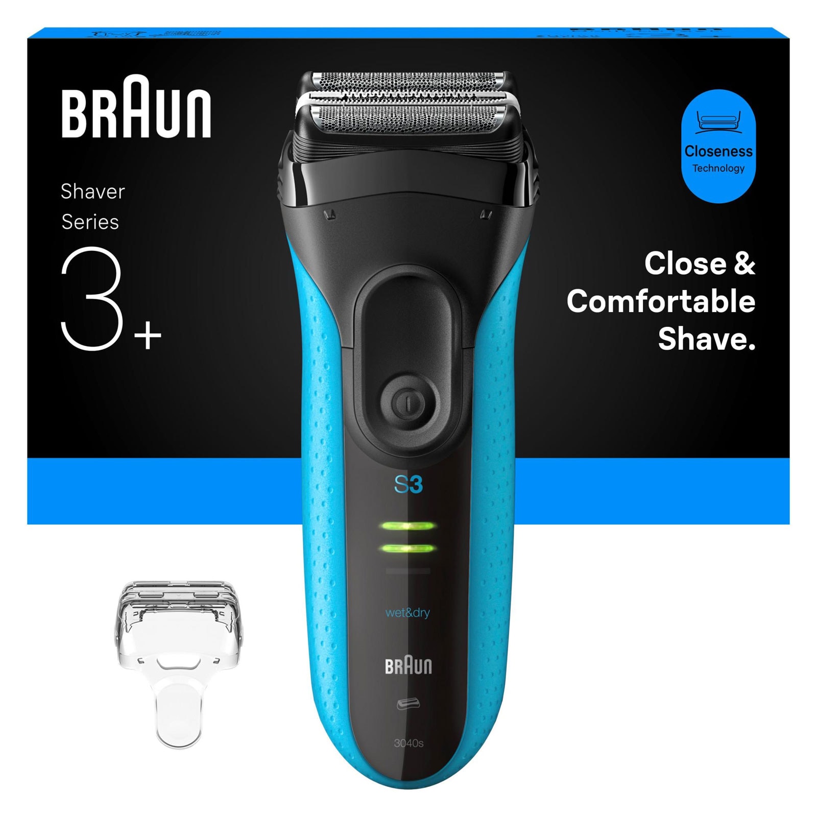 BRAUN Series 3+ Elektrorasierer 3040s Herrenrasierer (Akkubetrieb, 2 Scherfolienelemente und MicroComb Mitteltrimmer, ausfahrbarer Pr&auml;zisionstrimmer, wasserdicht, hergestellt in Deutschland, Schutzkappe, Ladeger&auml;t, Reinigungsb&uuml;rste) 