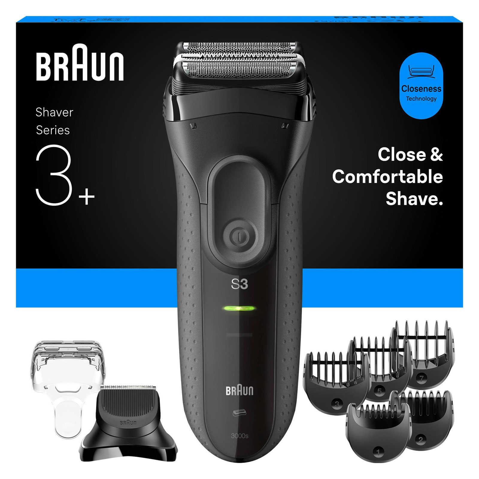 BRAUN Series 3+ Elektrorasierer, Barttrimmer-Aufsatz 3000BT Herrenrasierer (Akkubetrieb, 2 Scherfolienelementen und MicroComb Mitteltrimmer, Barttrimmer Aufsatz, 5 Kammaufs&auml;tze, wasserdicht, hergestellt in Deutschland, Schutzkappe, Ladeger&auml;t, Reinigungsb&uuml;r 
