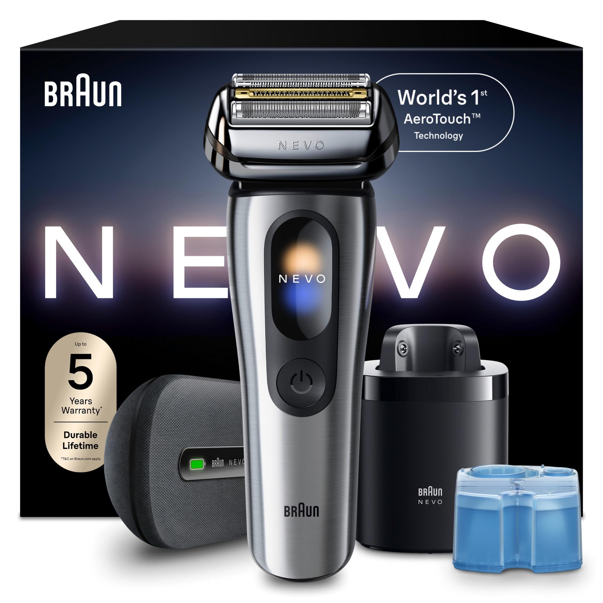 BRAUN NEVO 17000cc silber Herrenrasierer (Aero Touch-Rasiertechnologie, Ultra-Glide-Scherfolie, NEVO Smart Prozessor, Smart Display, 7-in-1 Care System, ultra-flexibler Kopf, integrierter Langhaarschneider, 100 % wasserdicht, 60 Minuten Akku, Geh&auml;use aus l 