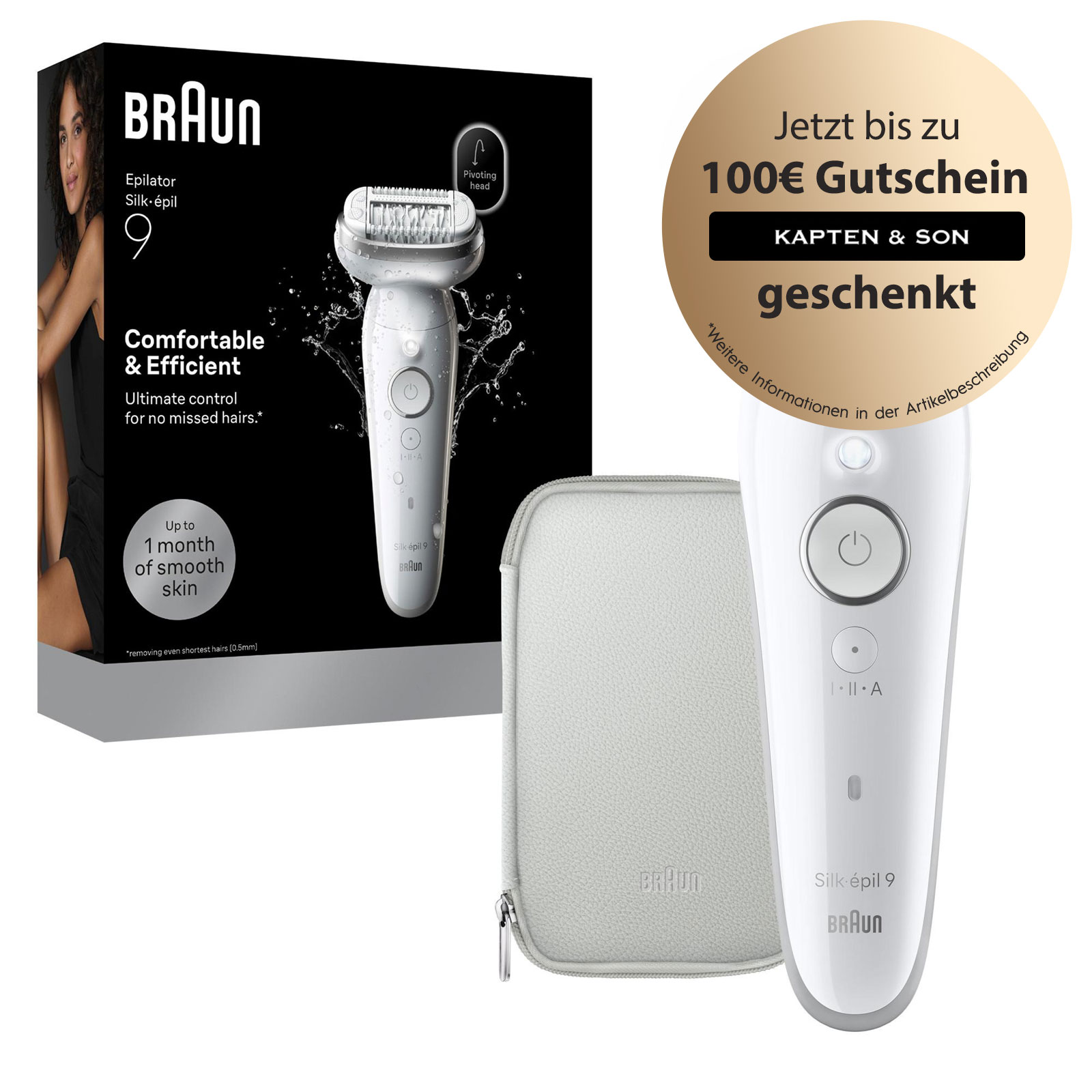 BRAUN Silk&middot;&eacute;pil 9, Wet & Dry, Langanhaltend glatte Haut, 9-000 Epilierer (Braun Epilierer mit 40 MicroGrip-Pinzetten, breiter schwenkbarer Kopf, Massagerollenaufsatz, inkl. Tasche, Reinigungsb&uuml;rste, Ladekabel) 