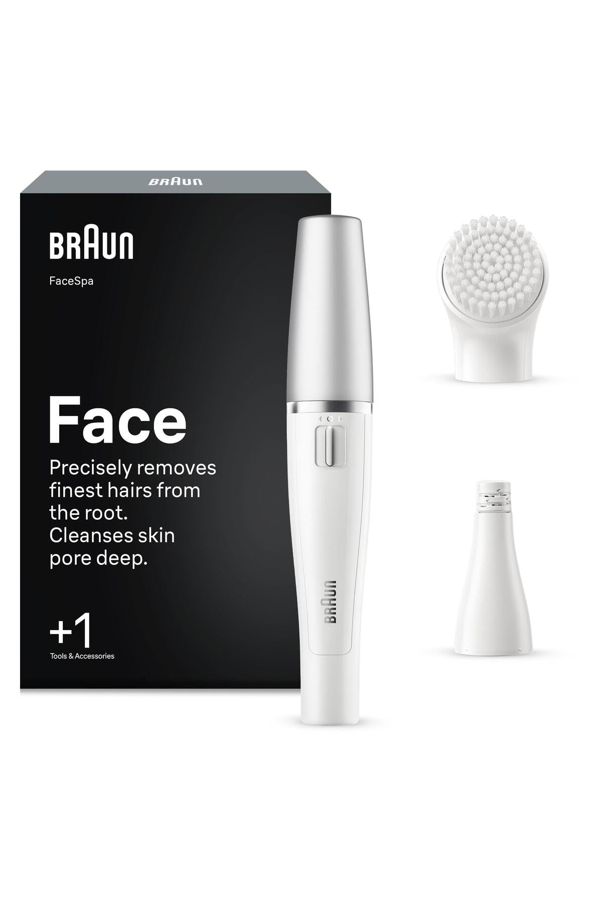 BRAUN FaceSpa Gesichtsepilierer + 1 Extra SE810 Wei&szlig;/Silber (2-IN-1: das weltweit erste All-in-One Ger&auml;t f&uuml;r Gesichtsepilation und Reinigung, kompaktes Design, Batteriebetrieb, ideal f&uuml;r unterwegs, 100% wasserdicht, Lieferumfang: Gesichtsepilierer, Gesicht 