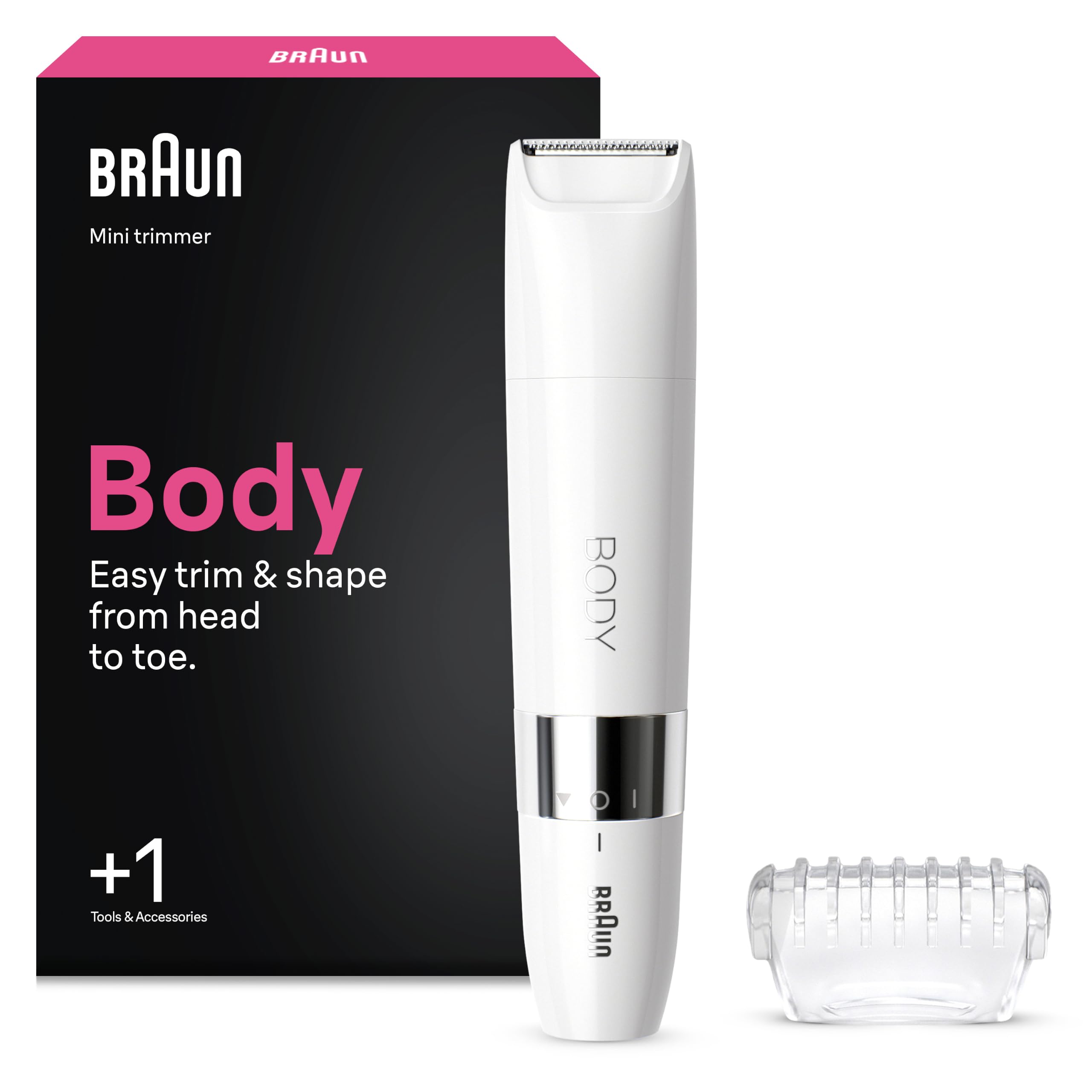 BRAUN Braun Mini-K&ouml;rpertrimmer, BS1000, Wei&szlig; (Entwickelt f&uuml;r effizientes und sanftes K&ouml;rperhaartrimmen, kompaktes Design, ideal f&uuml;r unterwegs, nass &; trocken, Rasieren, Trimmen und Stylen, Lieferumfang: Braun Mini Trimmer, 4 mm Trimmkammaufsatz, AA-Batter 