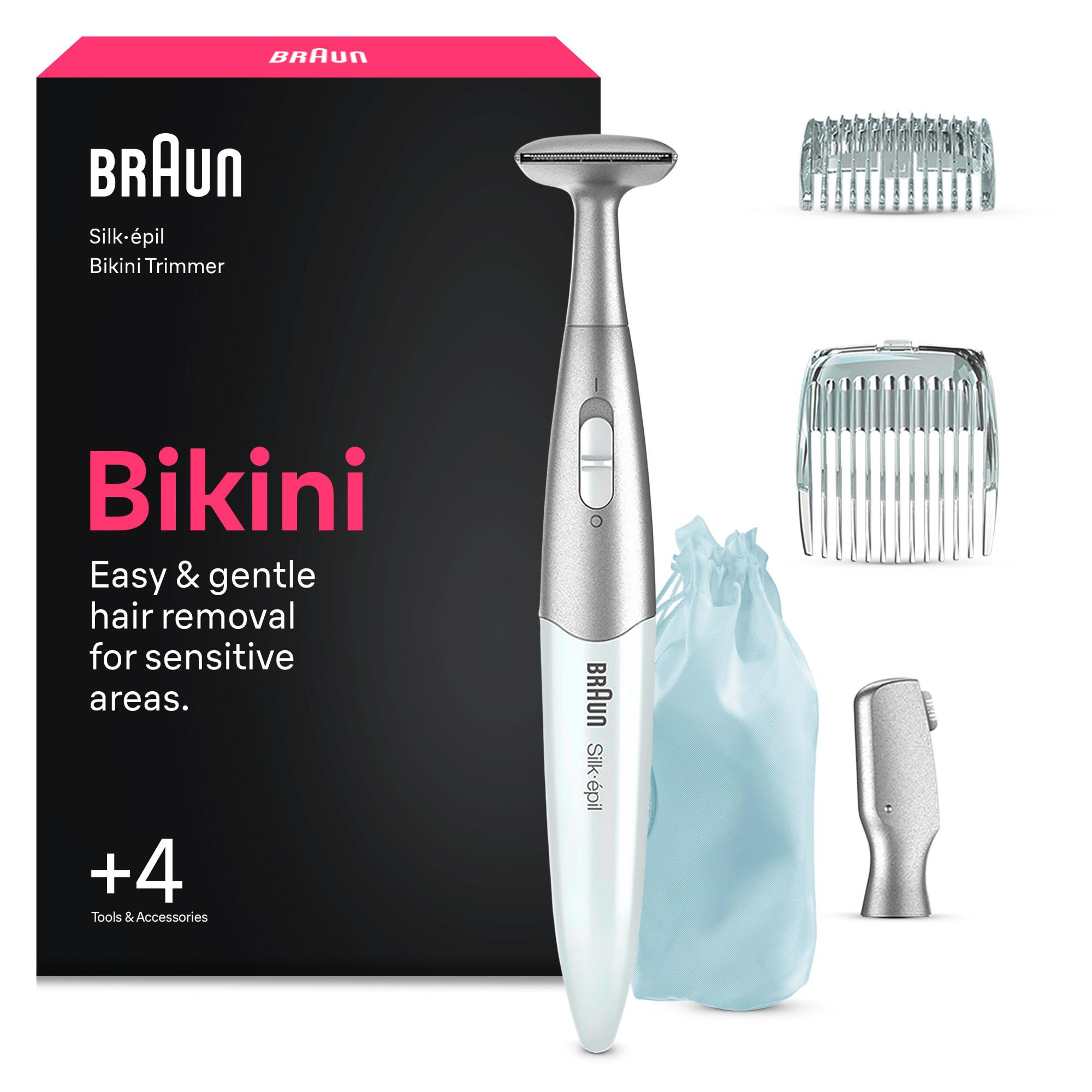 BRAUN Silk&middot;&eacute;pil Bikini Trimmer + 4 Extras, FG1100 (Pr&auml;zises Trimmen und Stylen der Bikinizone, auch als Augenbrauentrimmer einsetzbar, abgerundete Trimmerspitzen, 4 Extras: Bikini-Styling-Aufsatz, Pr&auml;zisionsaufsatz, 5 mm &; 8 mm Kammaufs&auml;tze, Schutzkappe, 