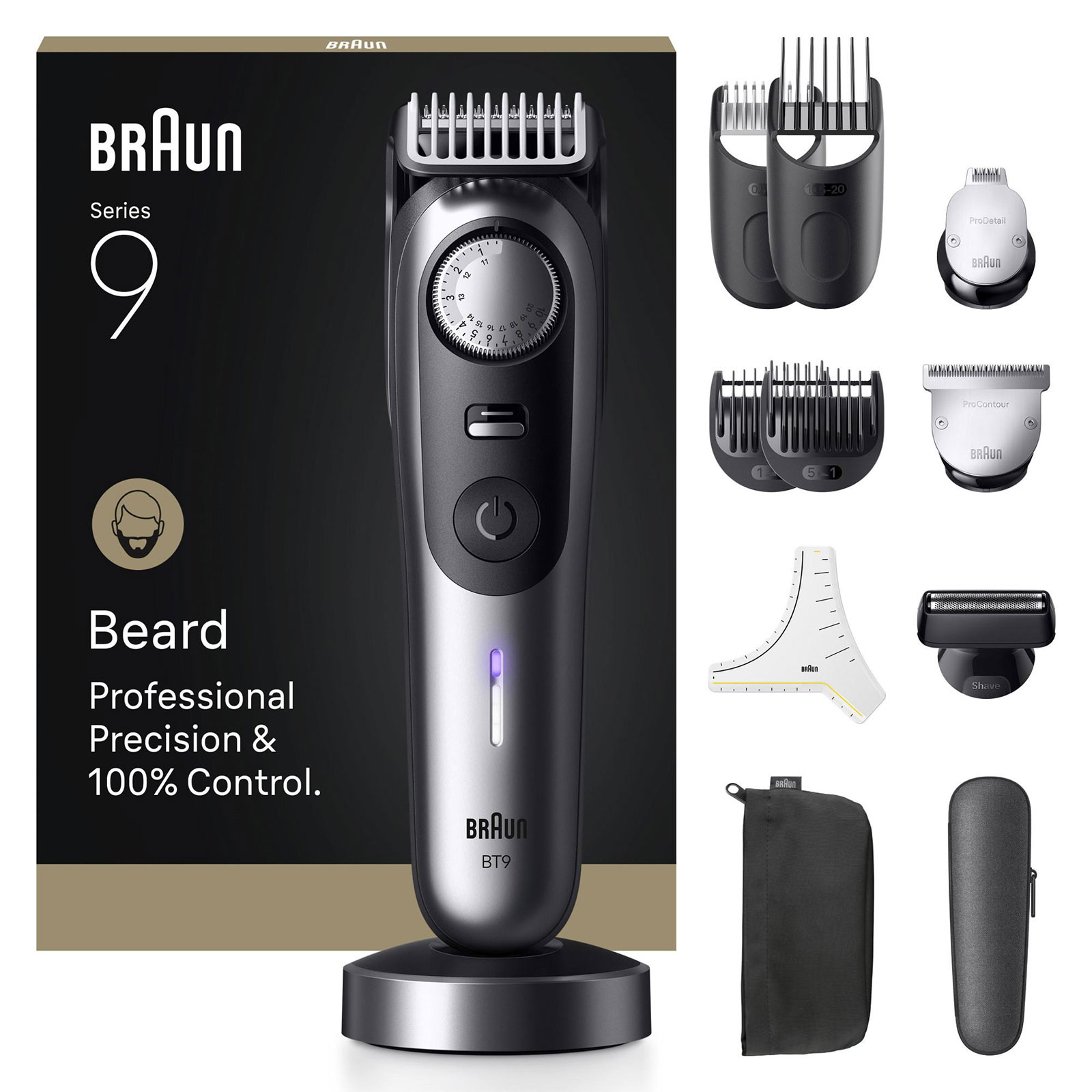 BRAUN Series 9, mit 12 Barber Tools, 52 L&auml;ngen, ProBlade, BT9560 Barttrimmer (Akkubetrieb, Premium-Barber-Tools, PowerBoost Extra-Modus, AutoSense-Technologie, lebenslang ultra scharfe ProBlade, PrecisionShave Kopf, Pr&auml;zisionsrad mit Verriegelungsfunktion, 