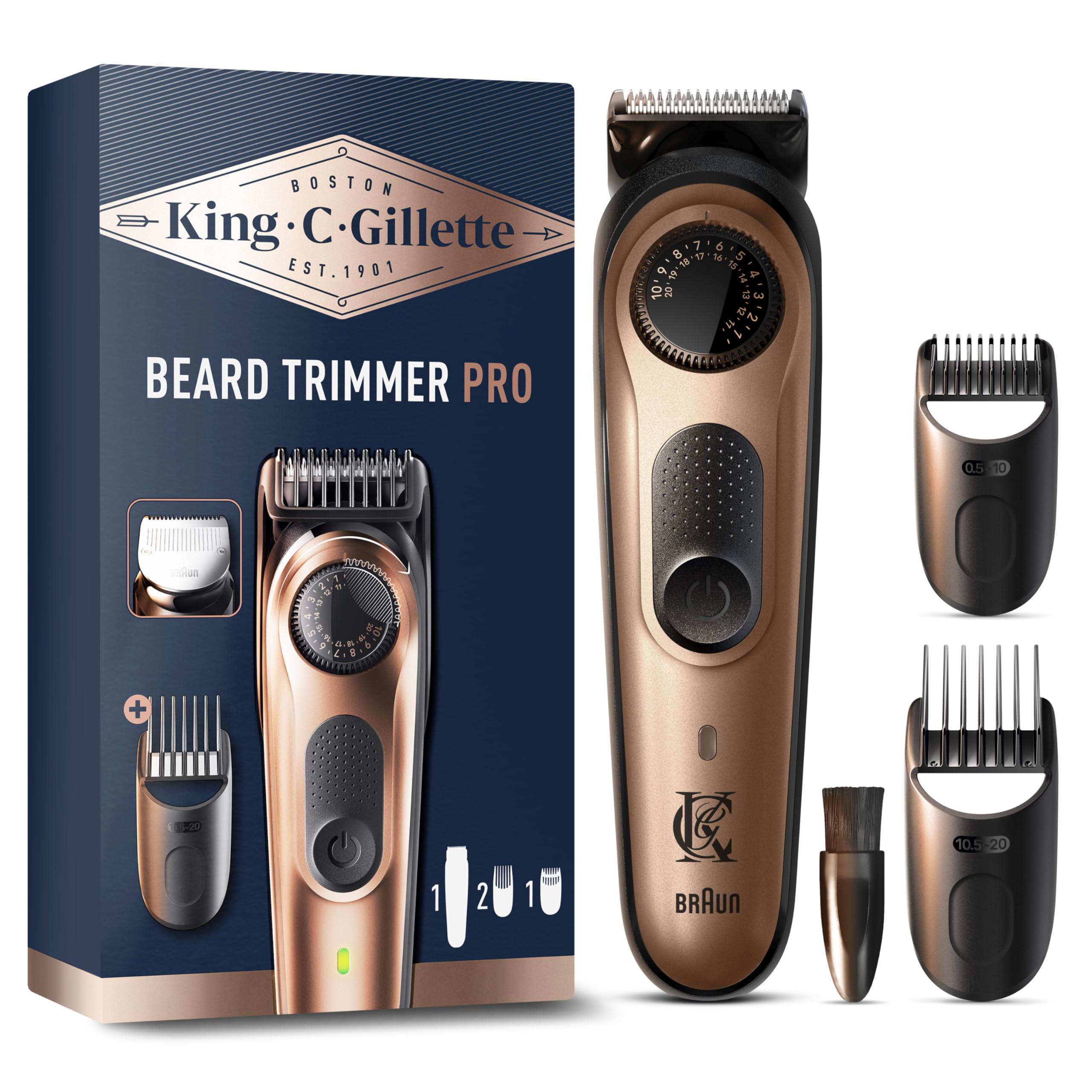 BRAUN King C Gillette PRO kabellos f&uuml;r M&auml;nner Barttrimmer (Akkubetrieb, 4-in-1 Anwendungen, Trimmen, Konturieren, Ausblenden, Detailarbeiten, Pr&auml;zisionsrad, 40 L&auml;ngeneinstellungen, verstellbare K&auml;mme, enth&auml;lt 1 Trimmer, 1 Detailtrimmer, 4 K&auml;mme, 1 Reinigun 